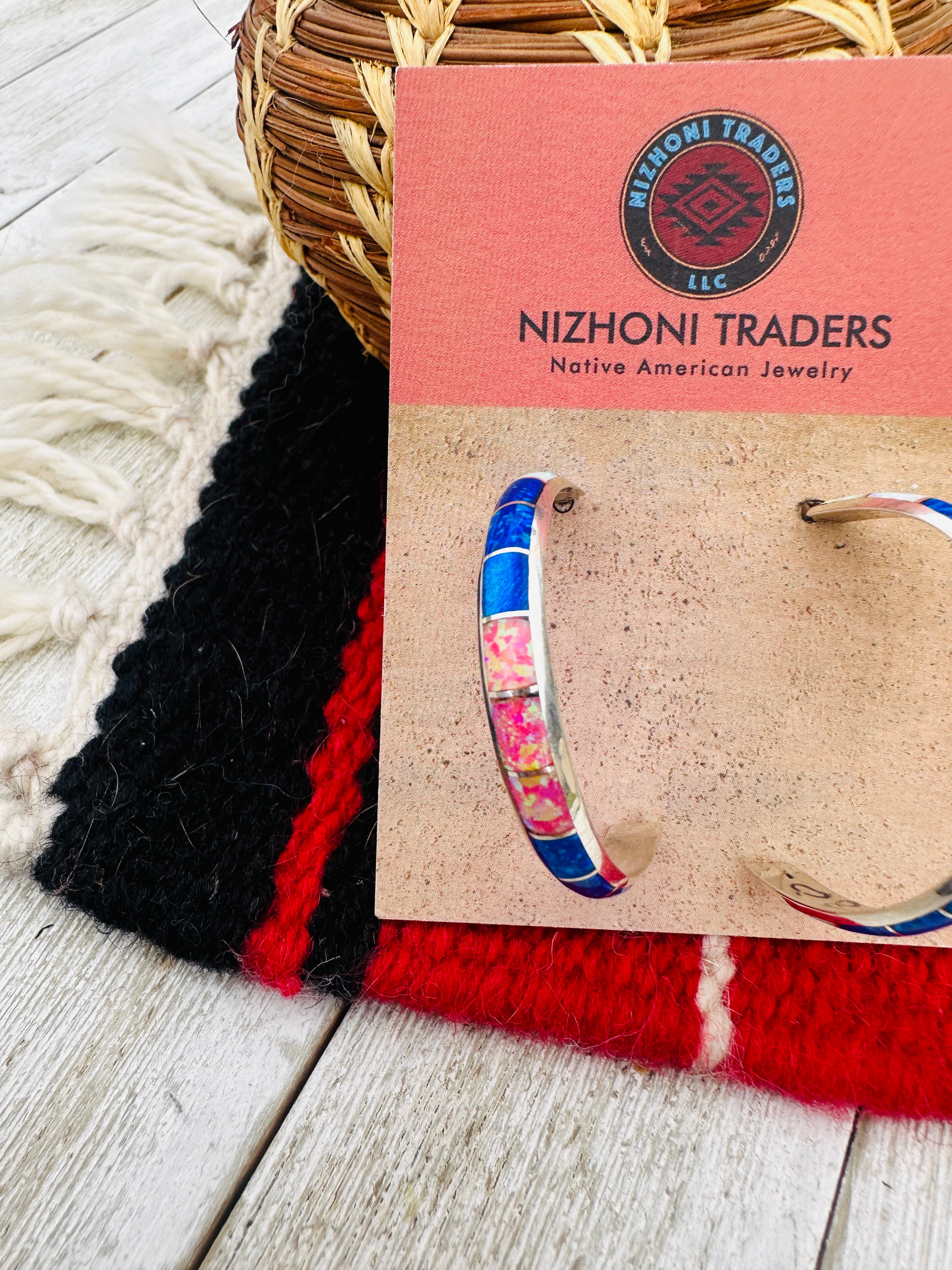 Handcrafted Old Pawn Sterling Silver & Multicolor Opal Inlay Hoop Earrings