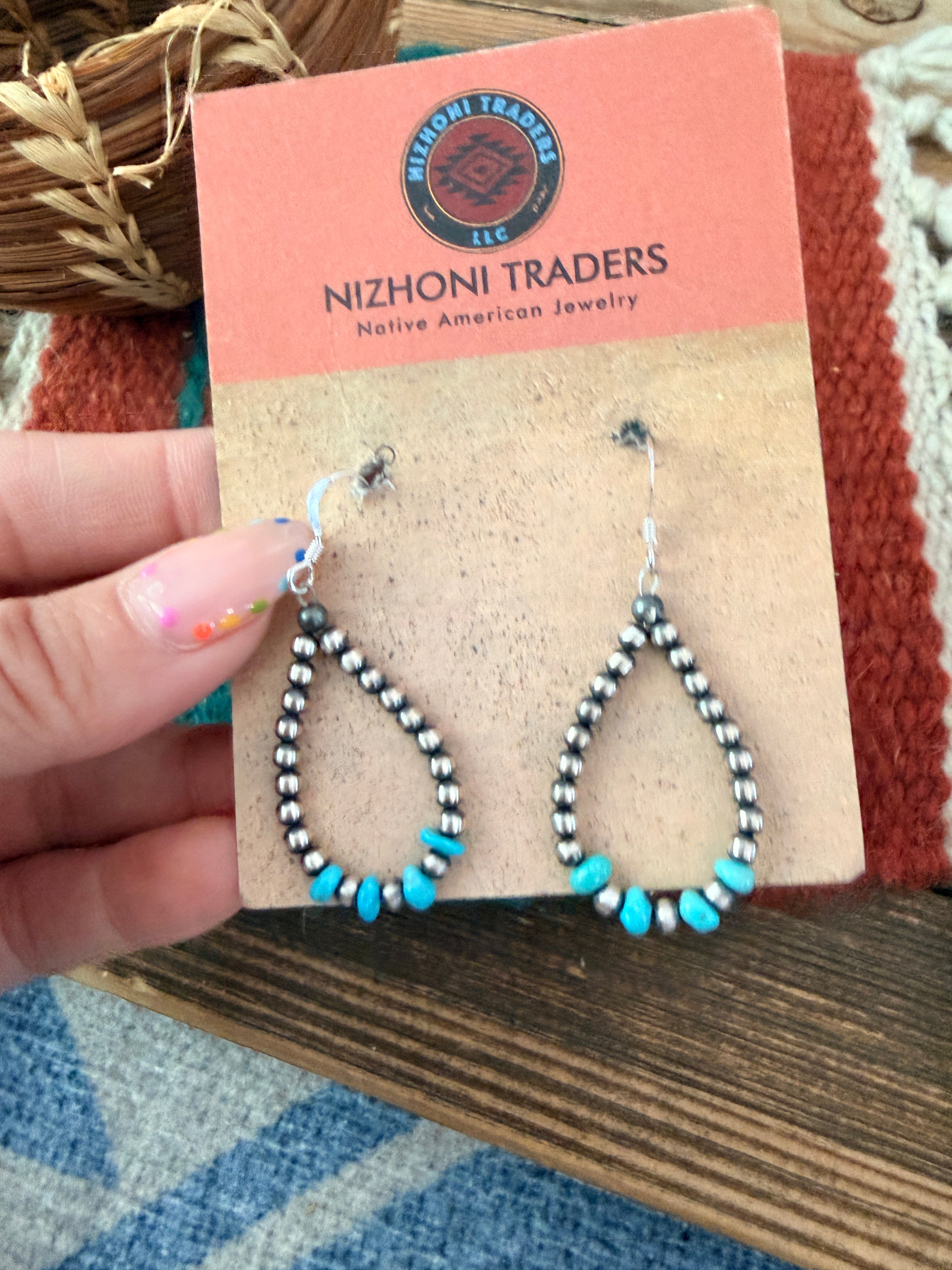 Handcrafted Sterling Silver Pearl & Turquoise Dangle Hoop Earrings