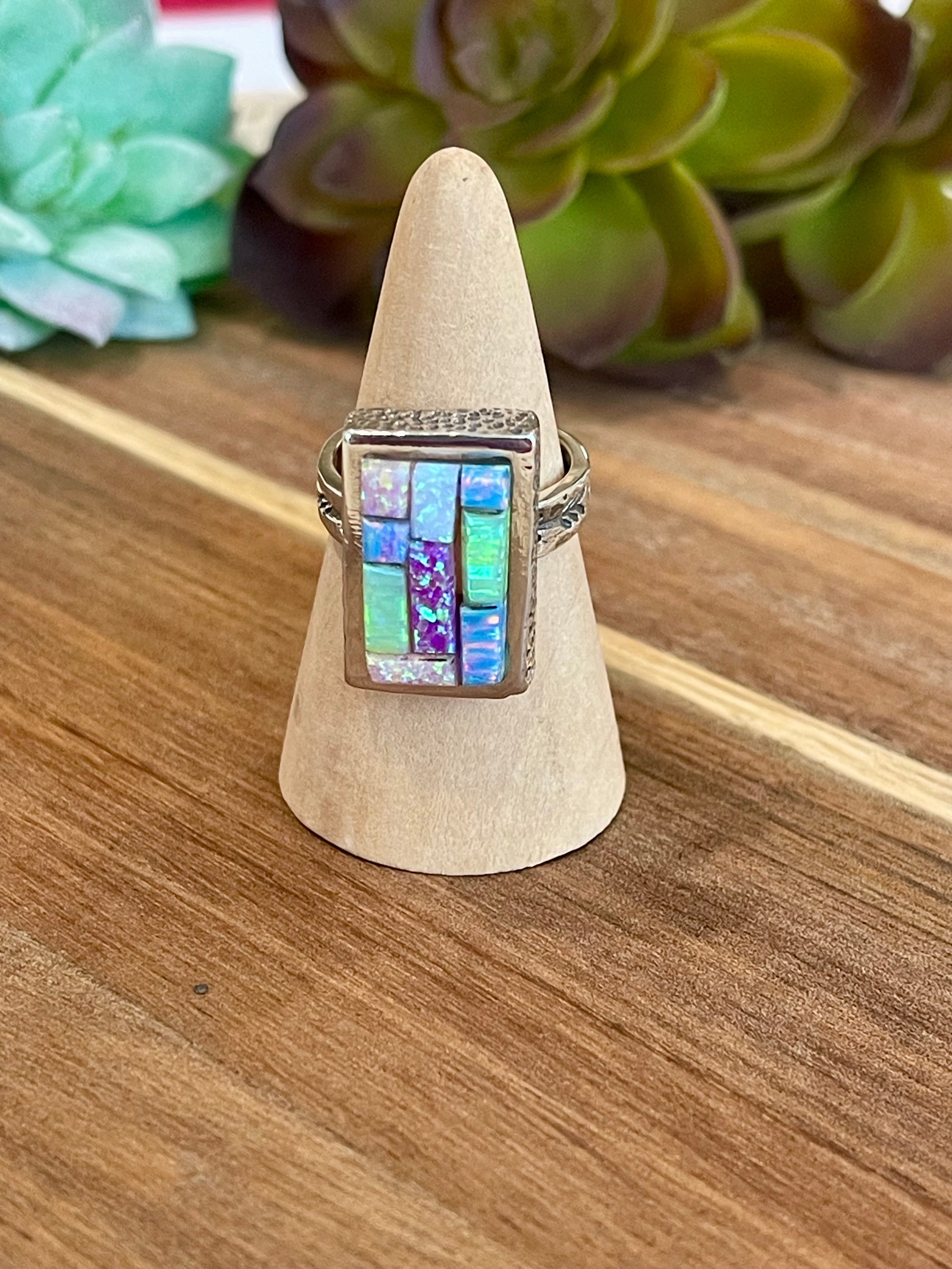 Handmade Sterling Silver & Multi Stone Inlay Ring Size 8.5