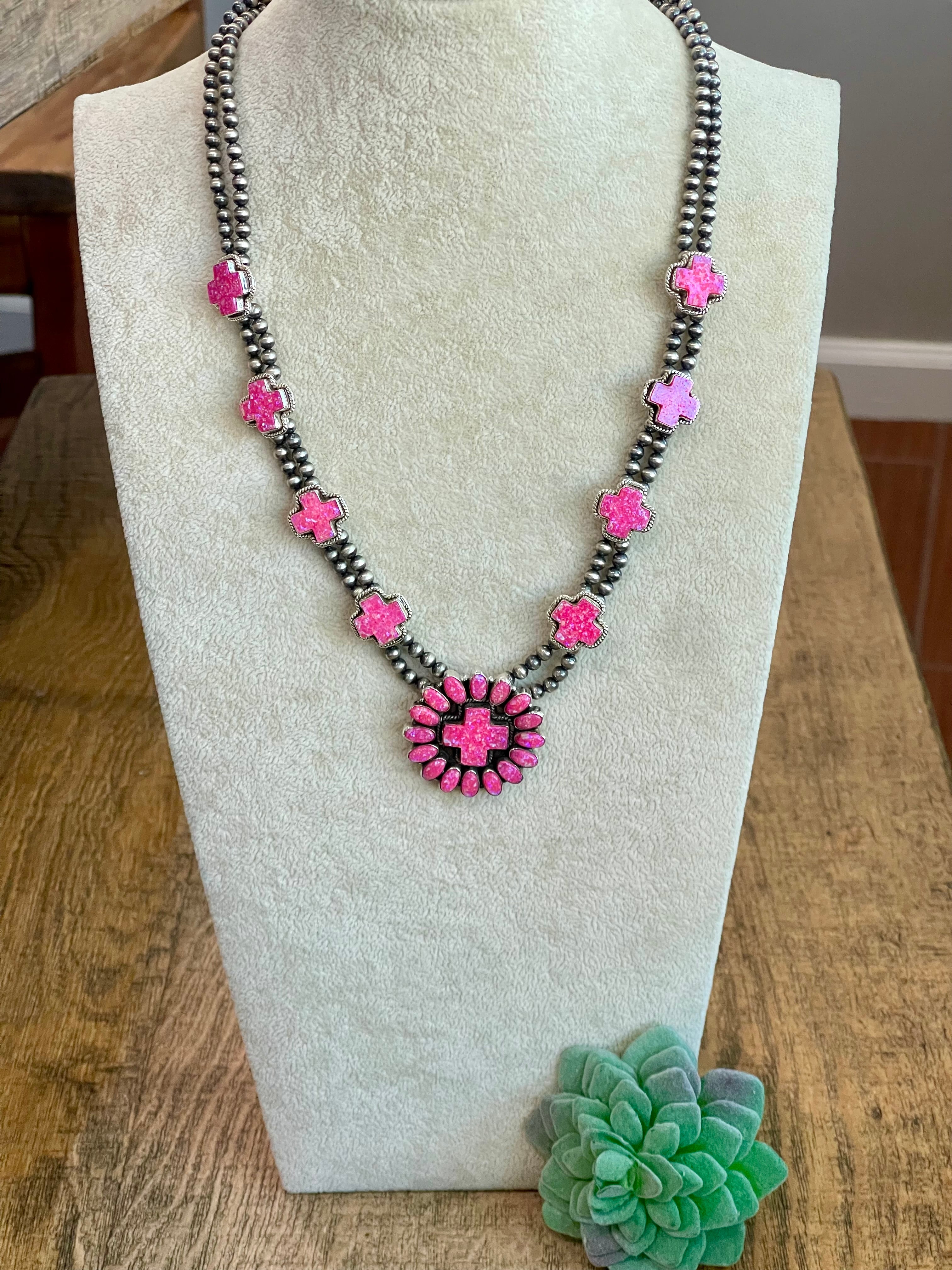 Handmade Hot Pink Fire Opal and Sterling Silver Necklace