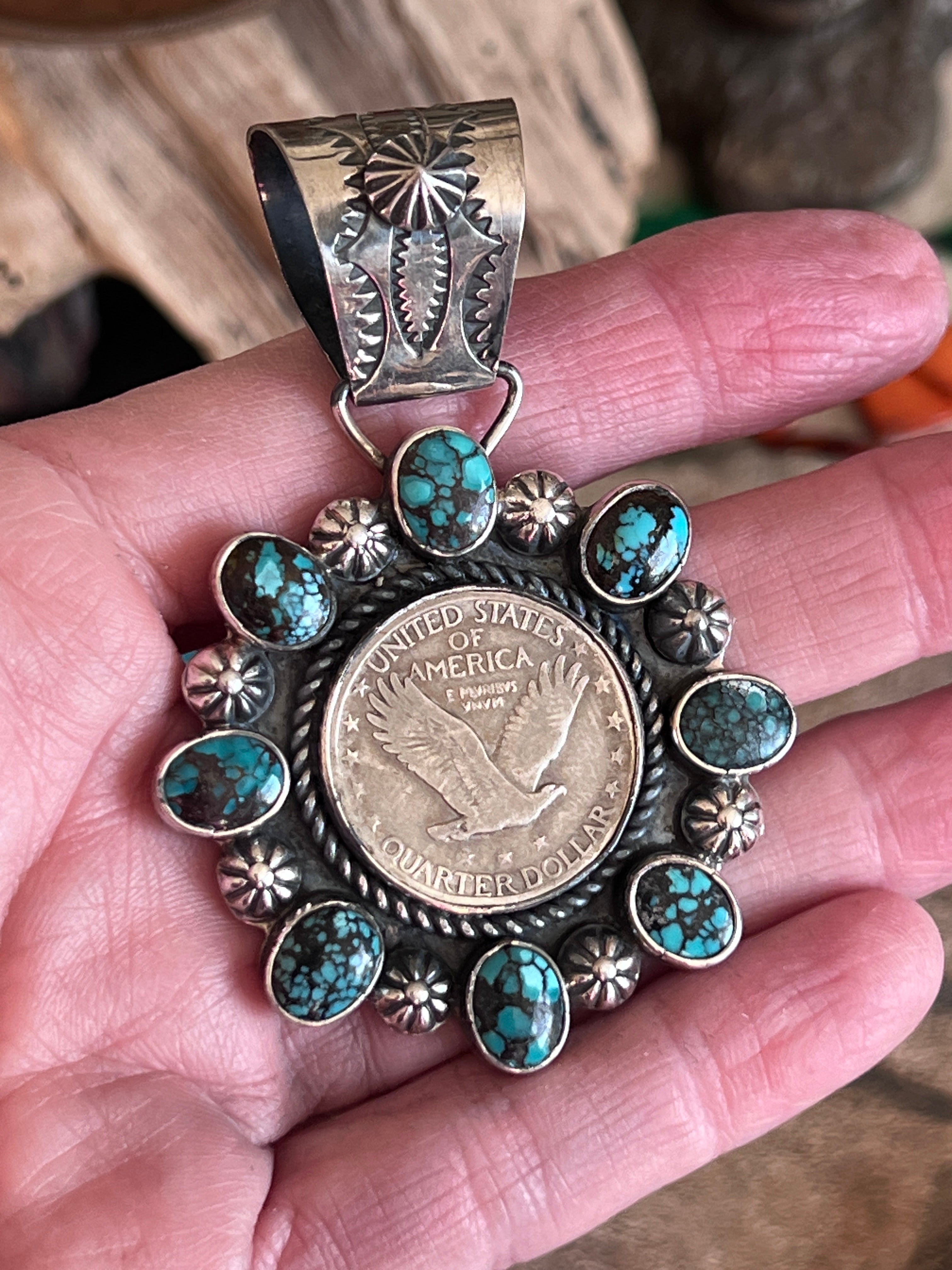 Rosella Paxson Sterling Silver, Liberty Quarter and Hubei Turquoise Cluster Pendant
