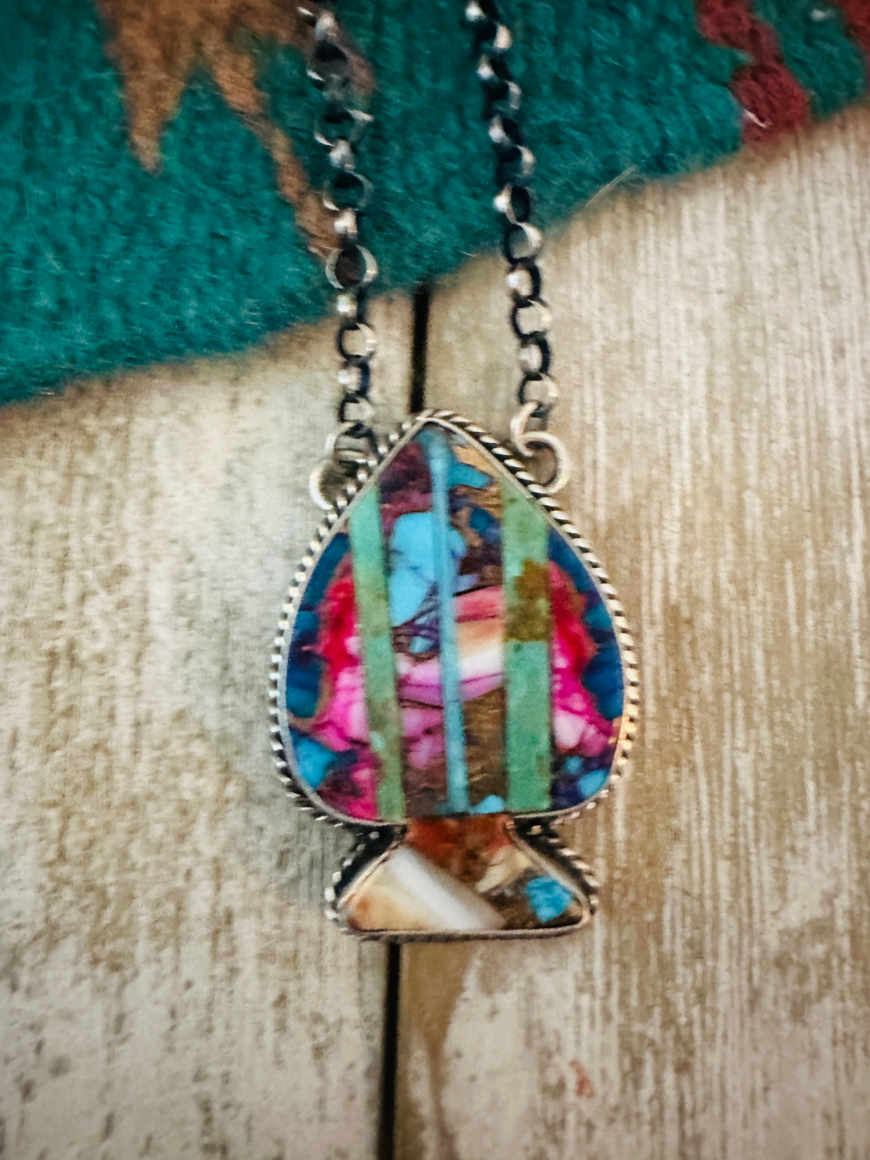 Navajo Sterling Silver & Multi Stone Inlay Spade Necklace