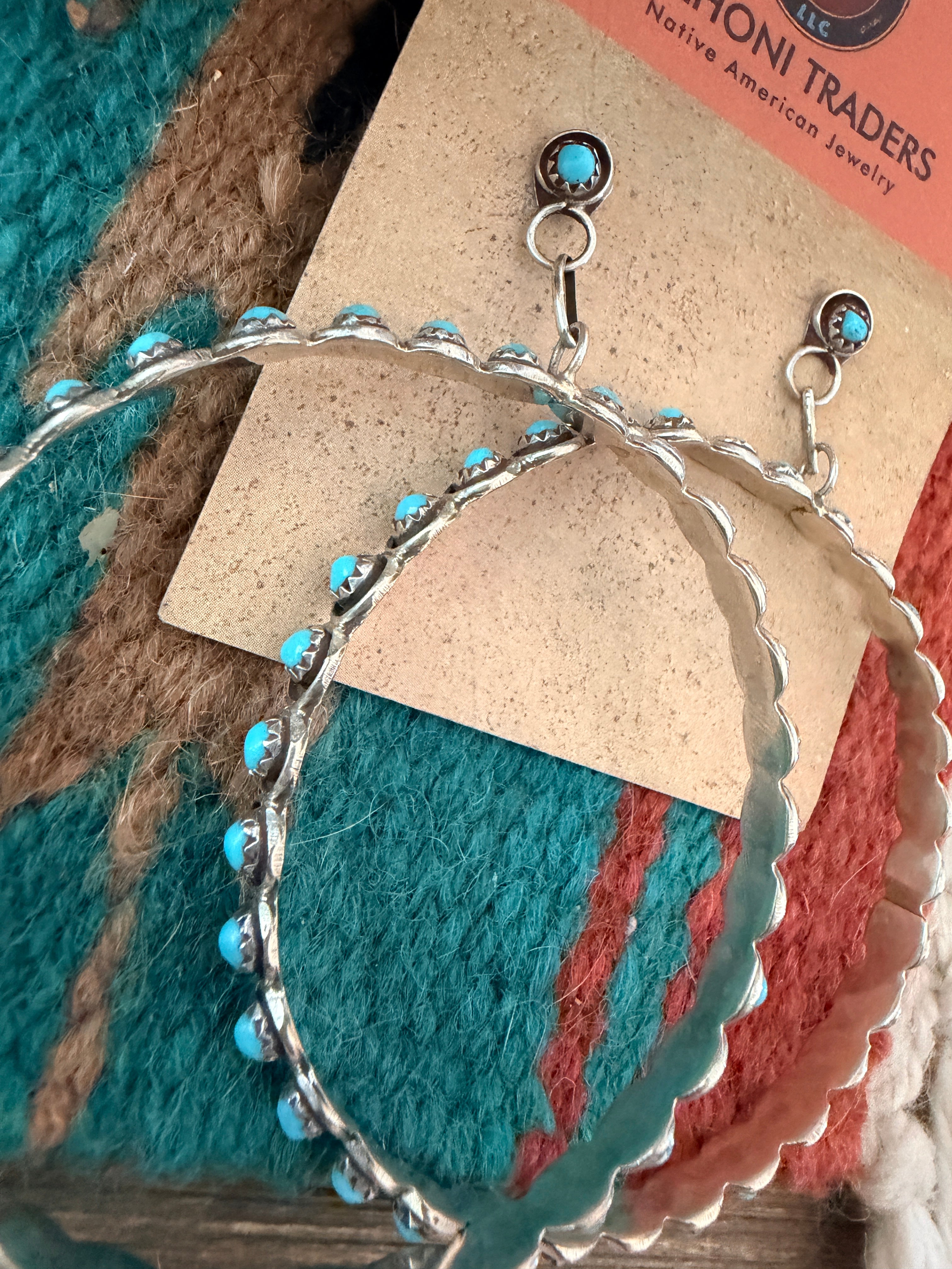Handcrafted Turquoise & Sterling Silver Snake Eye Dangle Hoop Earrings