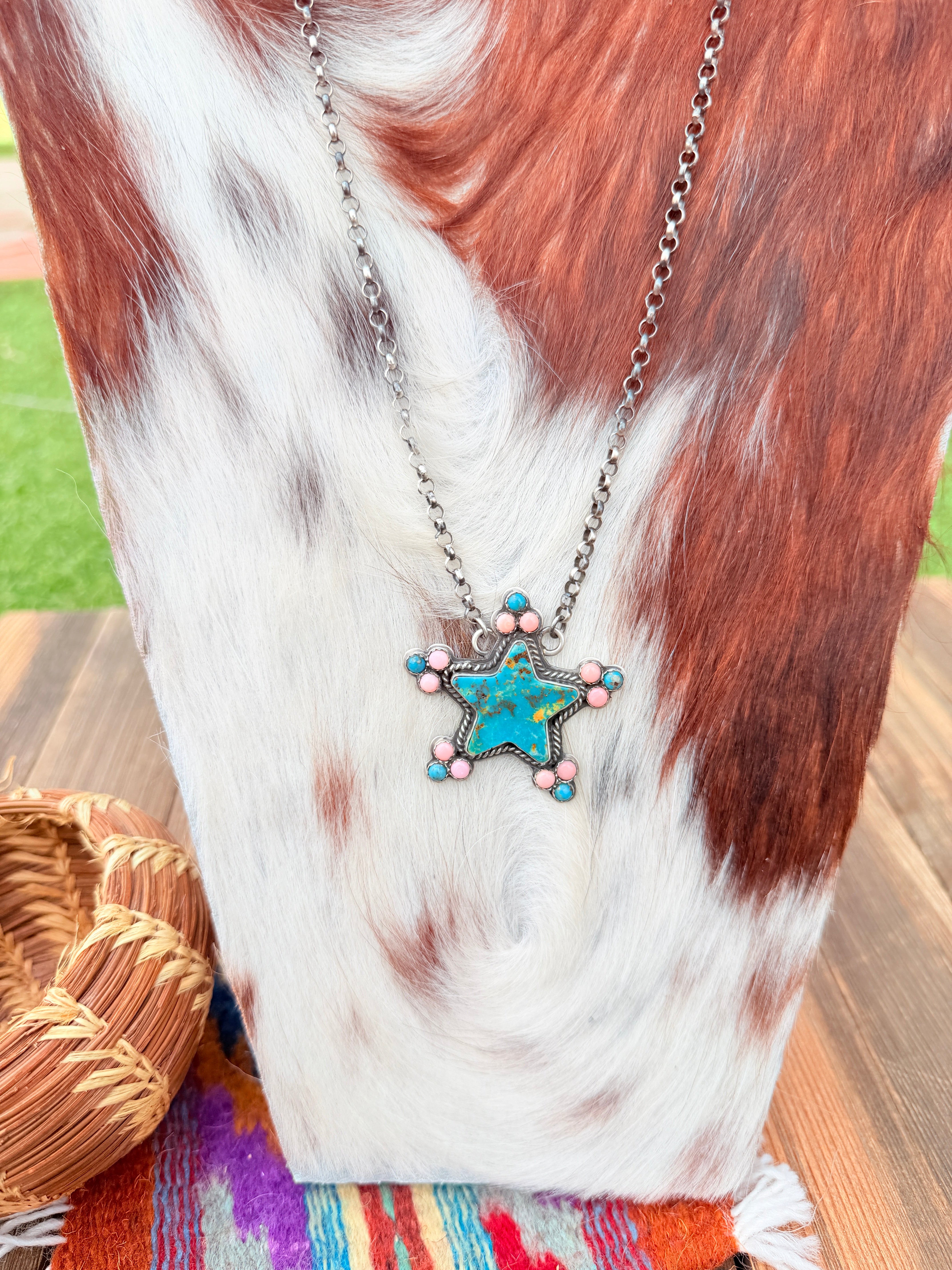 Handcrafted Turquoise, Queen Pink Conch & Sterling Silver Star Necklace