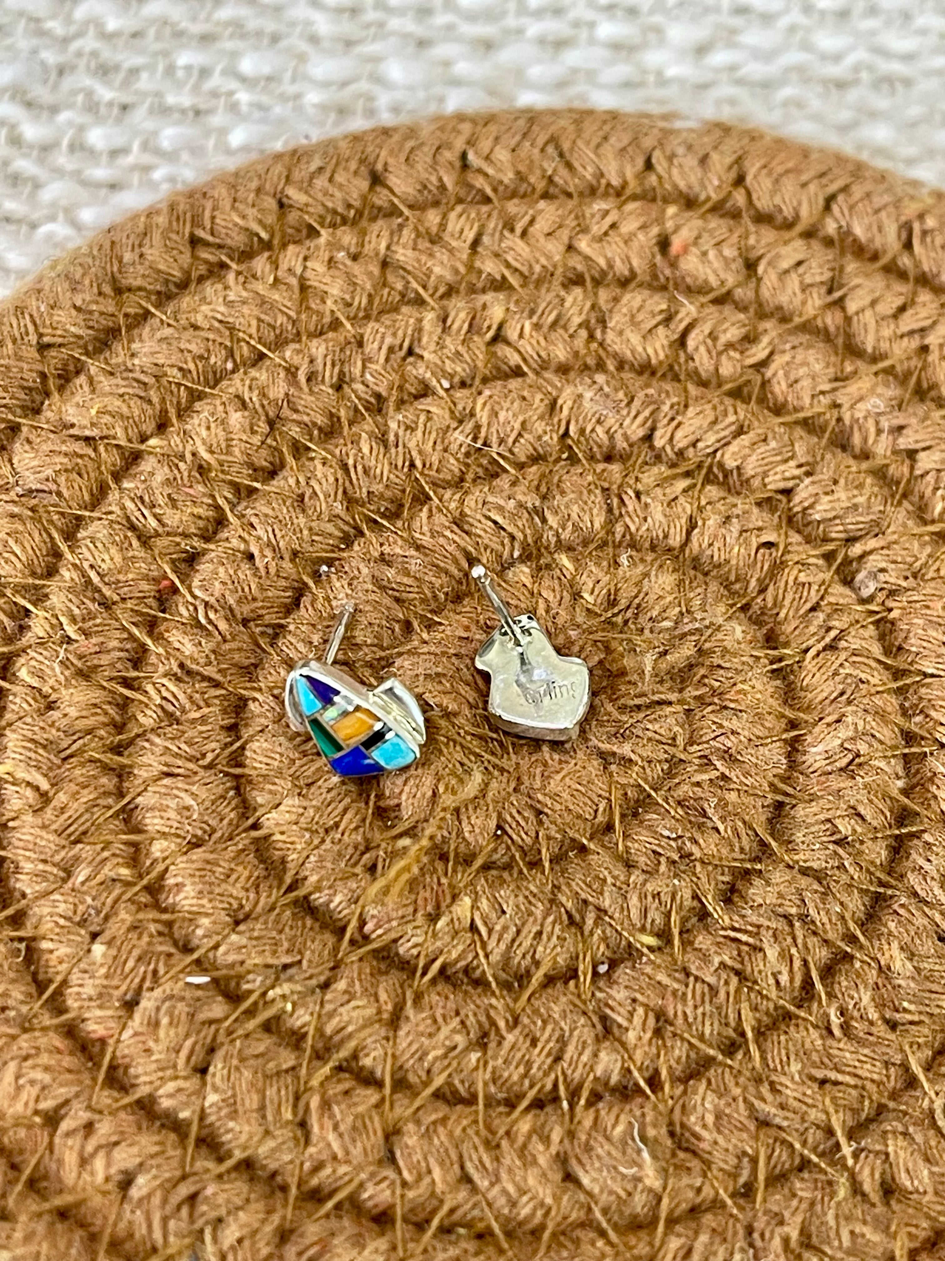 Gorgeous Handmade Sterling Silver & Multi Stone Inlay Stud Earrings