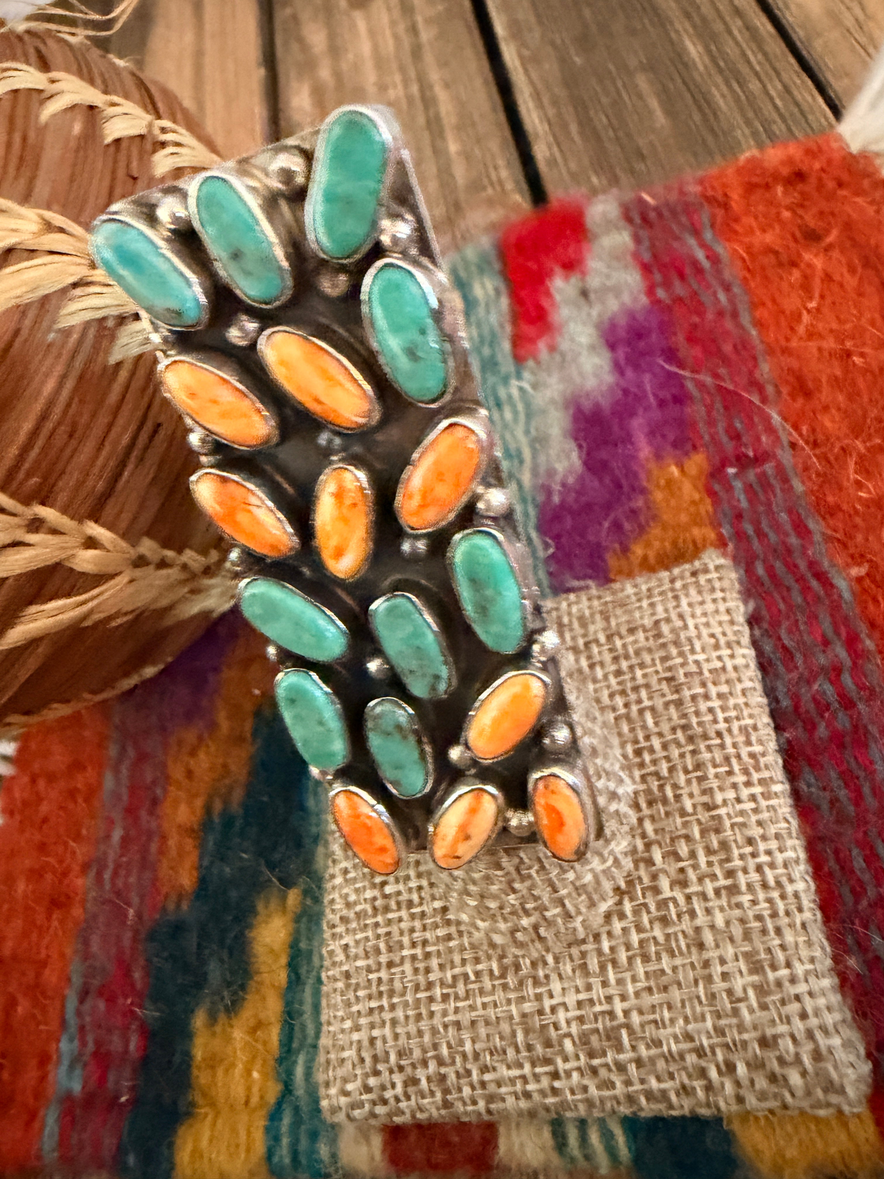 Handcrafted Turquoise, Spiny Oyster & Sterling Silver Cluster Adjustable Ring by Jacqueline Silver