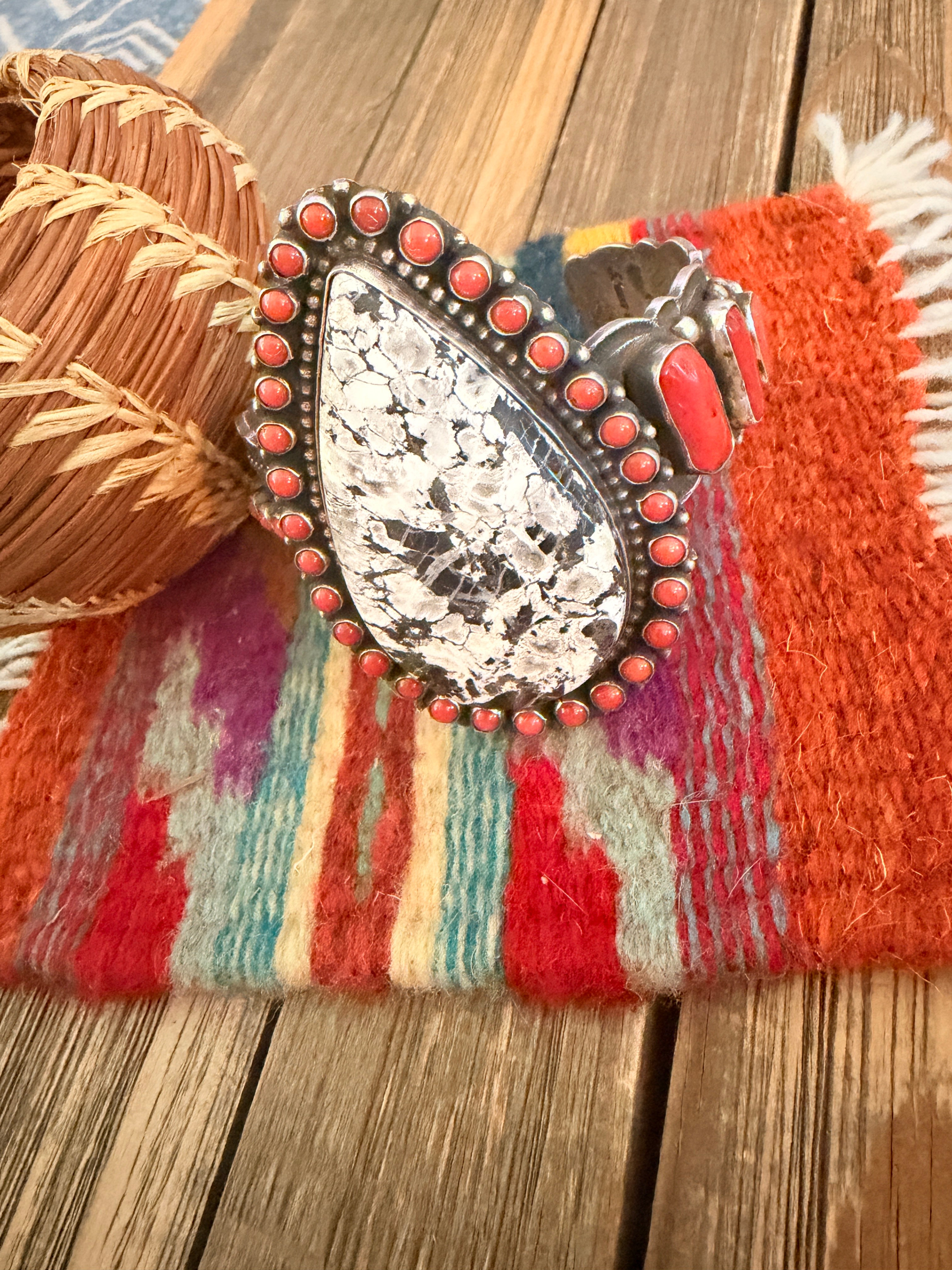 Handcrafted Sterling Silver, White Buffalo & Coral Cuff Bracelet by Shawn Cayatineto
