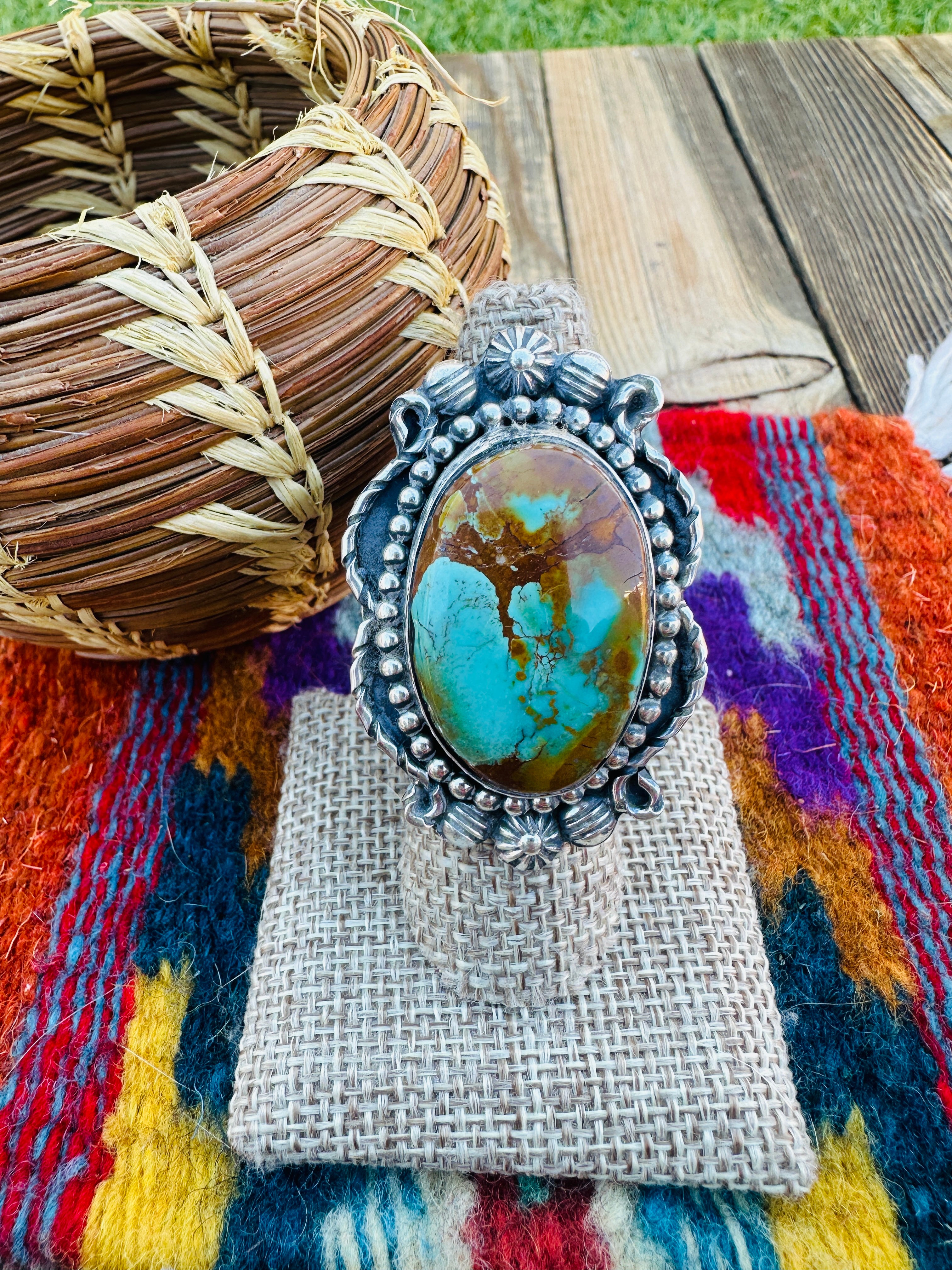 Handcrafted Pilot Mountain Turquoise & Sterling Silver Ring 7.25 by Rosella Paxson