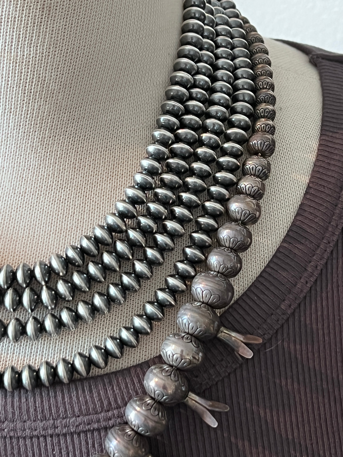 Vinita Cowboy Handmade 8mm Sterling Silver Saucer Pearl Beaded Necklaces