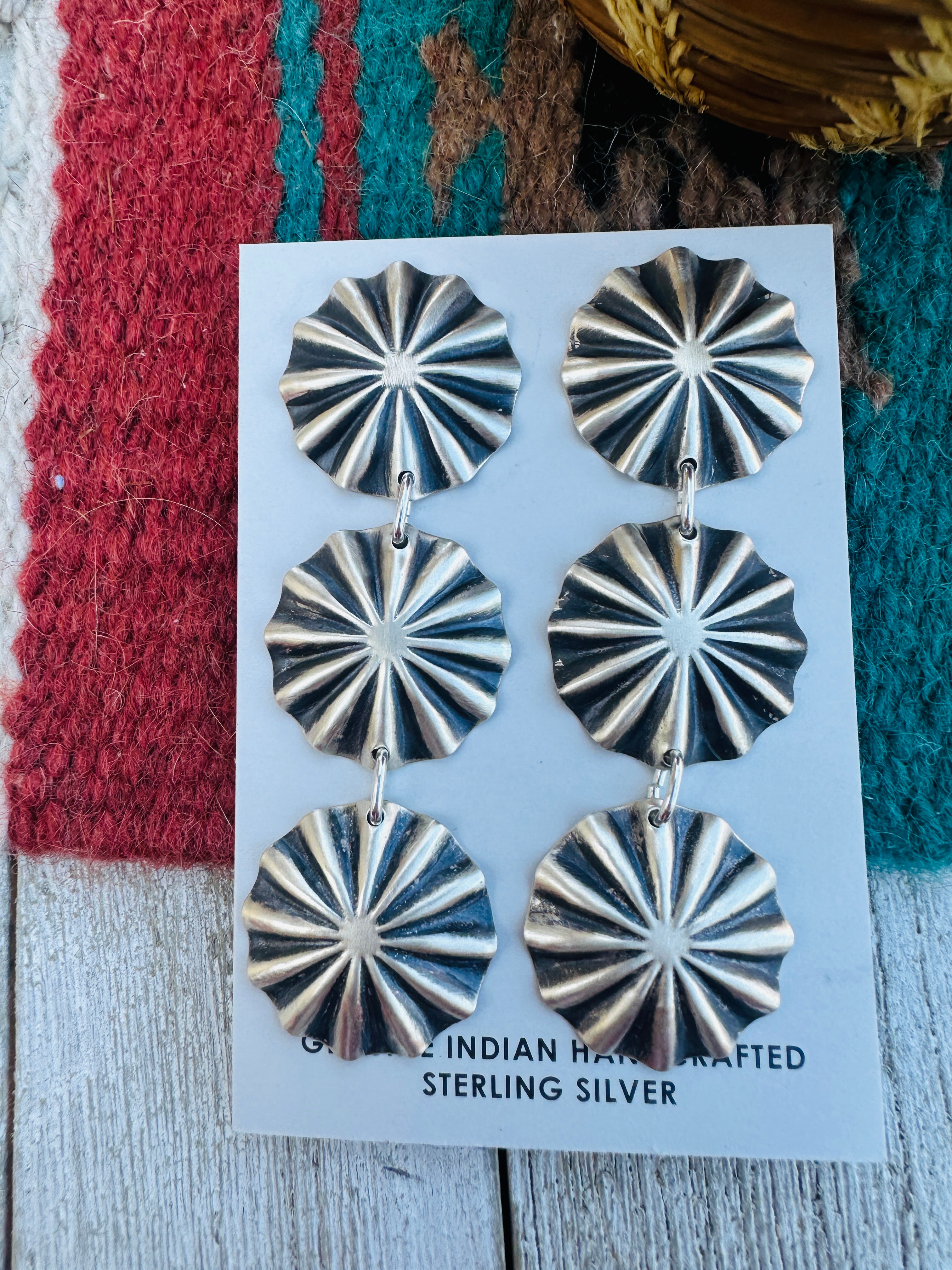 Handcrafted Hand Stamped Sterling Silver Concho Dangle Earrings