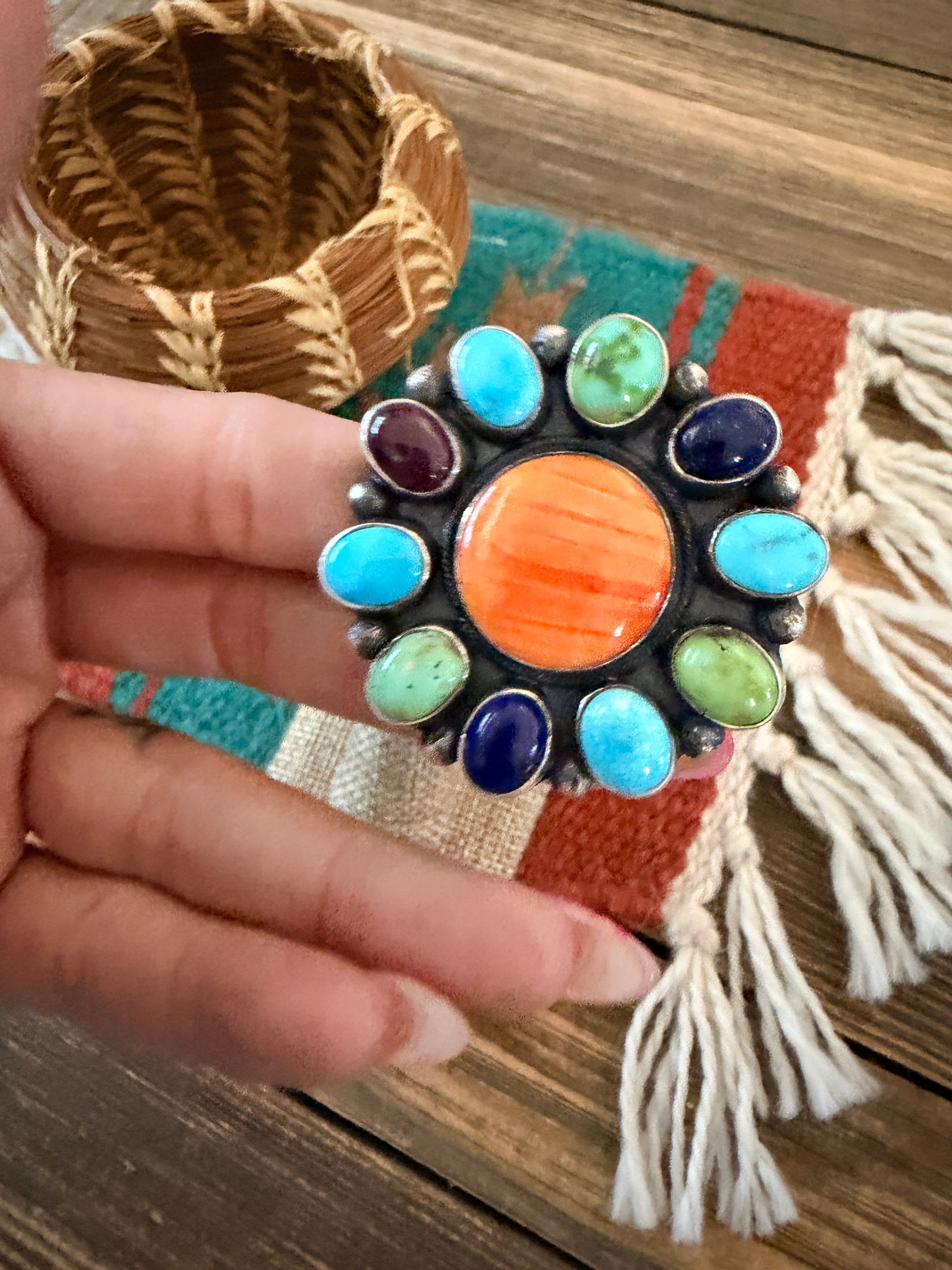 Handcrafted Multi Stone & Sterling Silver Cluster Adjustable Ring by Sheila Becenti