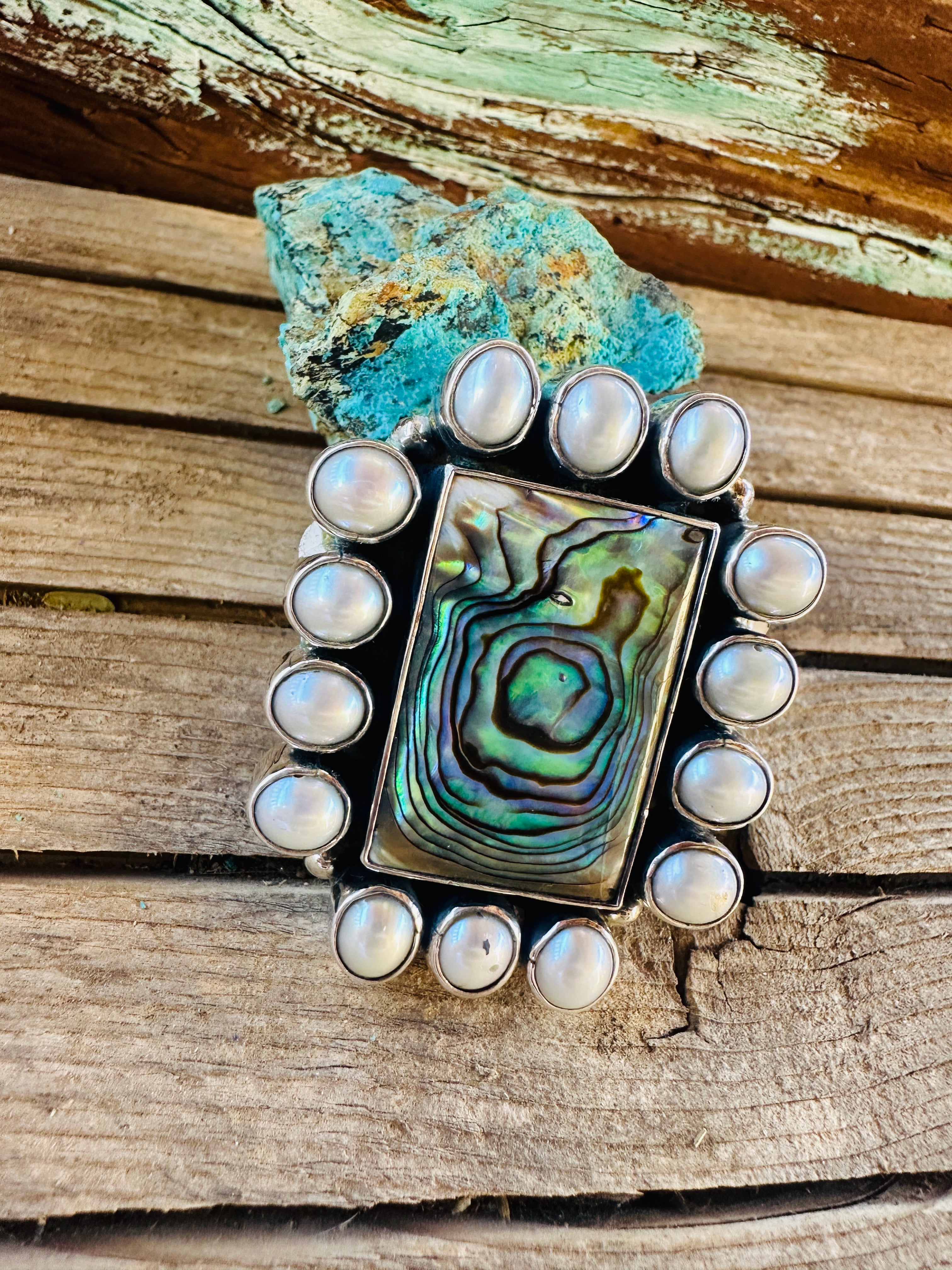 Handcrafted Abalone, Mother of Pearl & Sterling Silver Adjustable Ring by Federico Jimenez