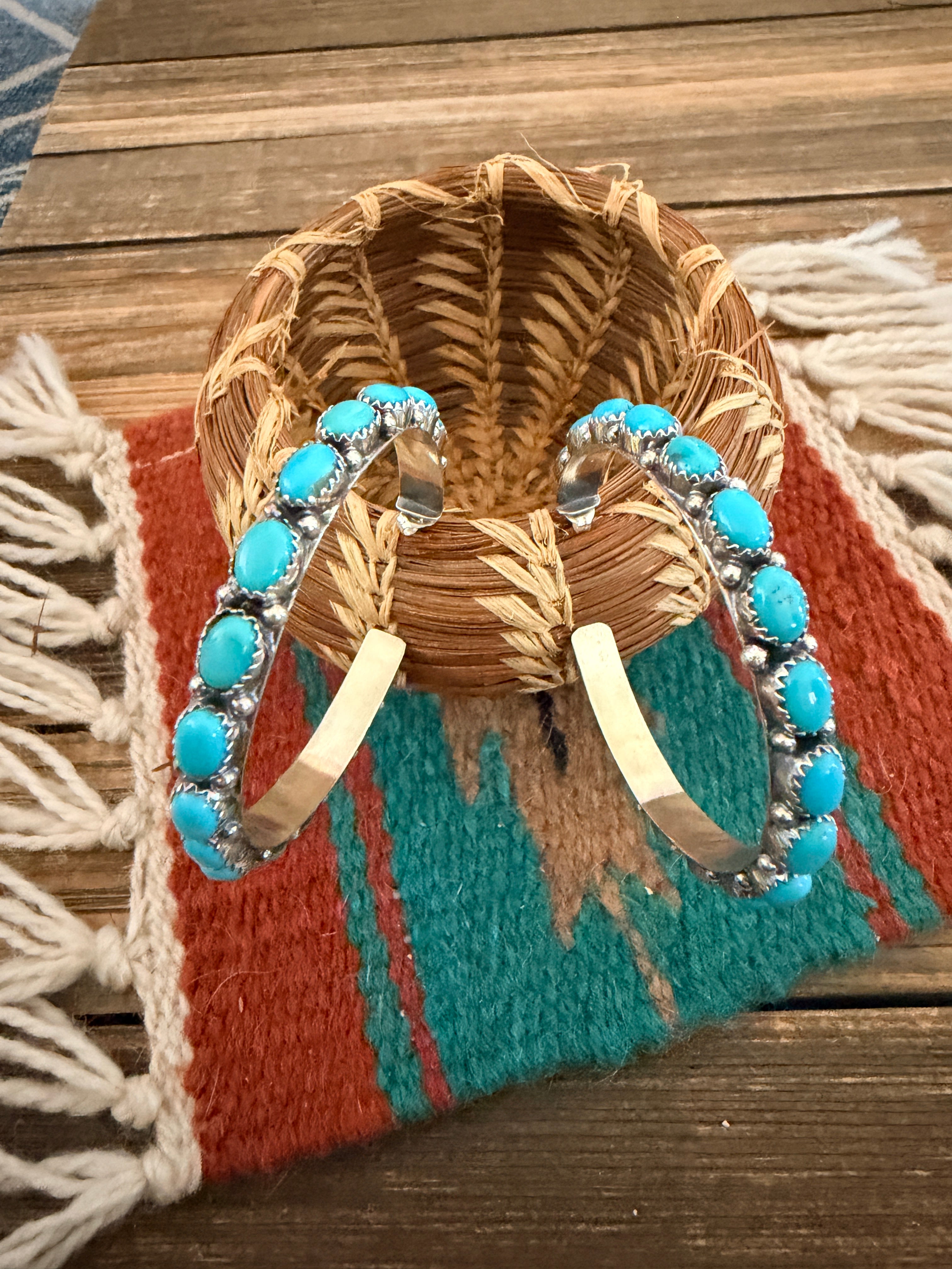 Handcrafted Turquoise & Sterling Silver Hoop Earrings