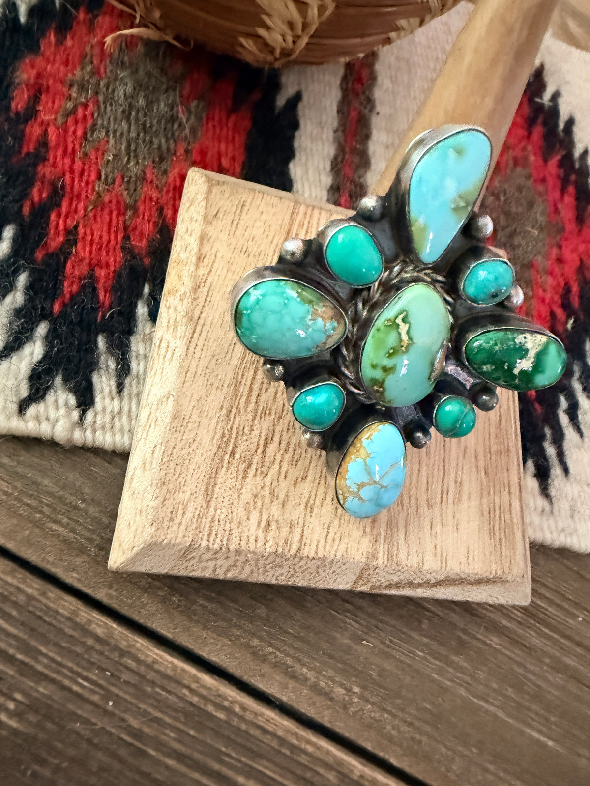 Handcrafted Turquoise & Sterling Silver Cluster Adjustable Ring