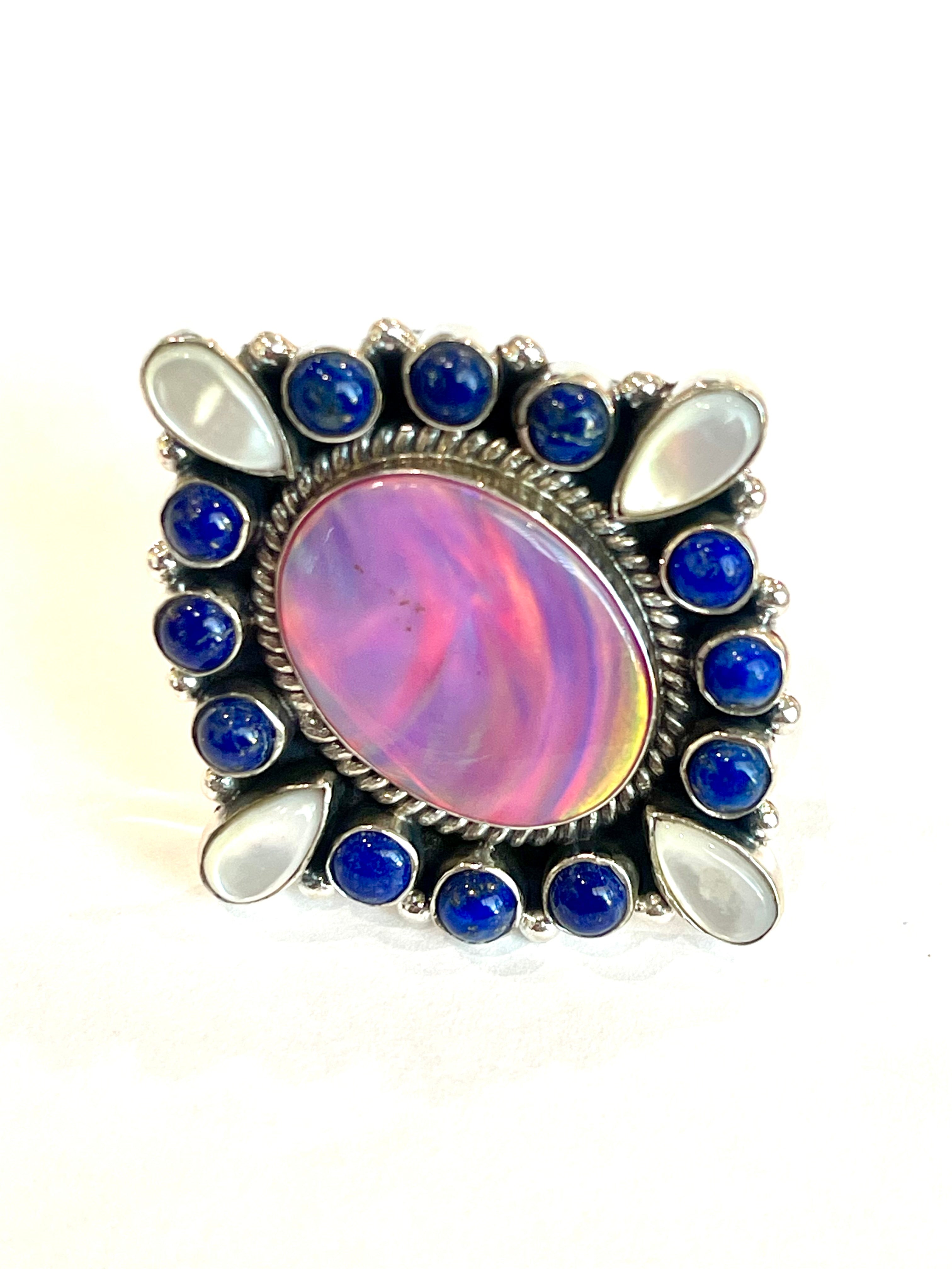 Handmade Pink Opal, Mother Of Pearl, Lapis And Sterling Silver Adjustable Ring Signed Nizhoni