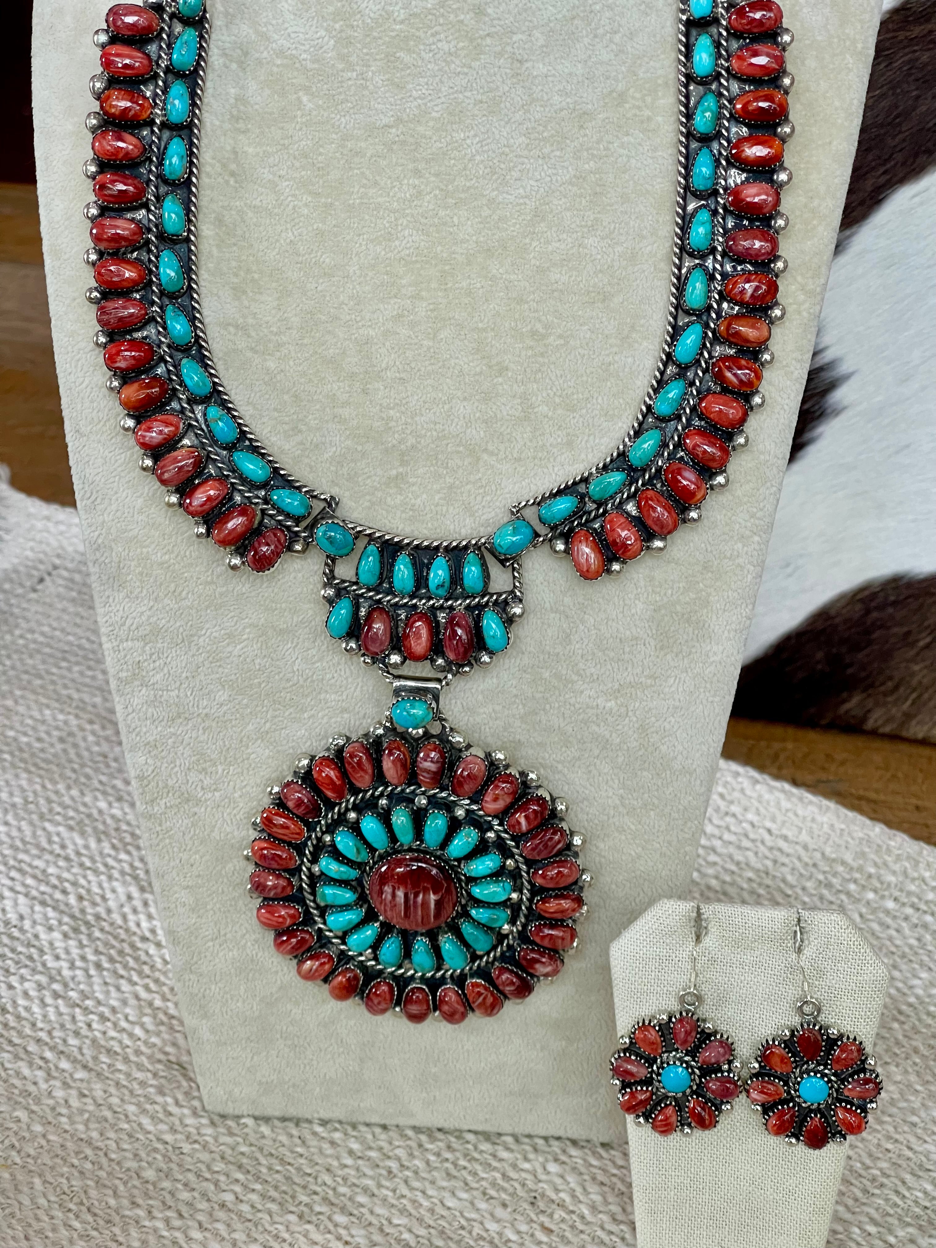 Beautiful Handmade Sterling Silver, Turquoise & Red Spiny Cluster Necklace And Earring Set
