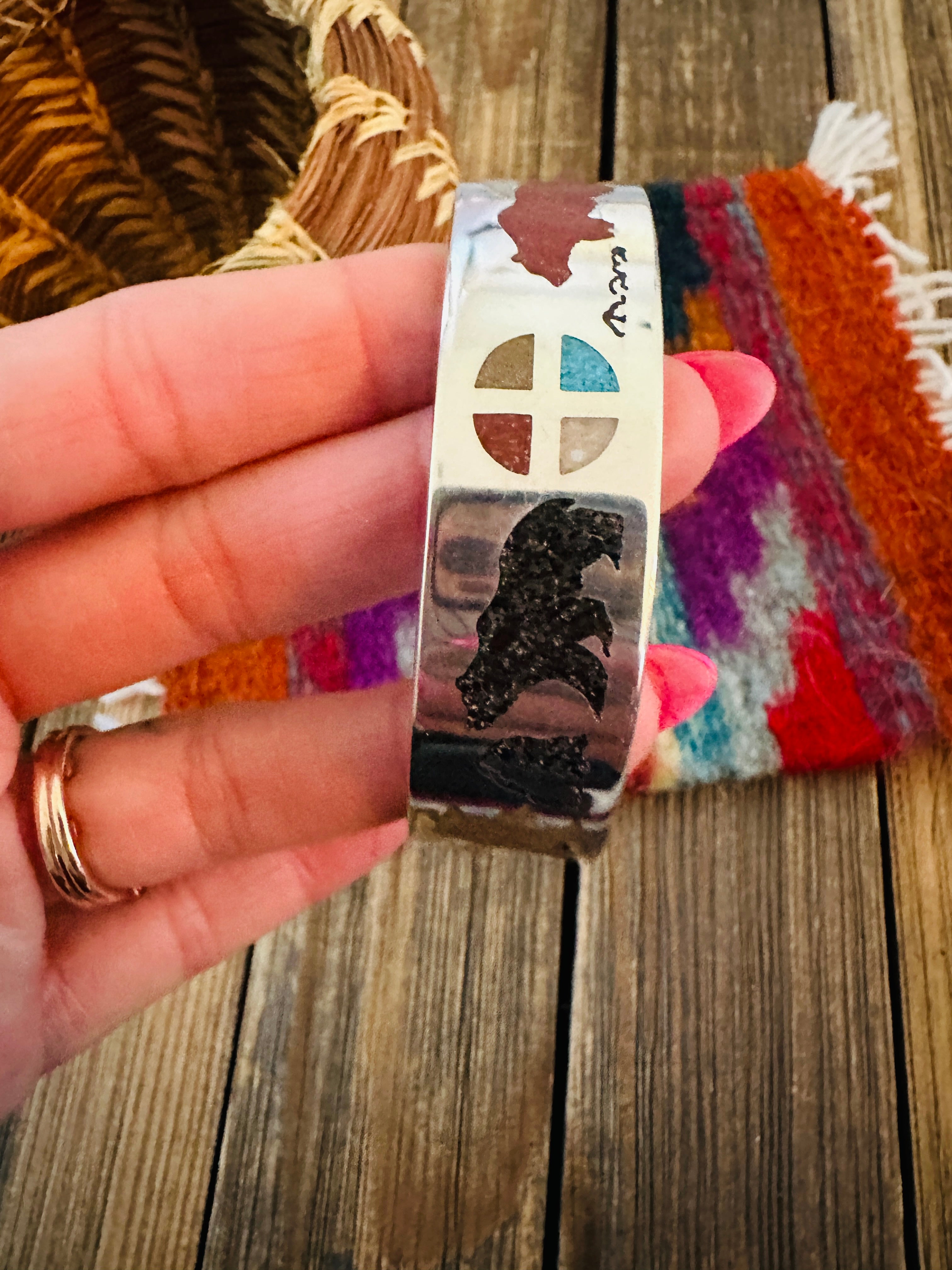 Handcrafted Sterling Silver & Multi Stone Inlay Bear Cuff Bracelet