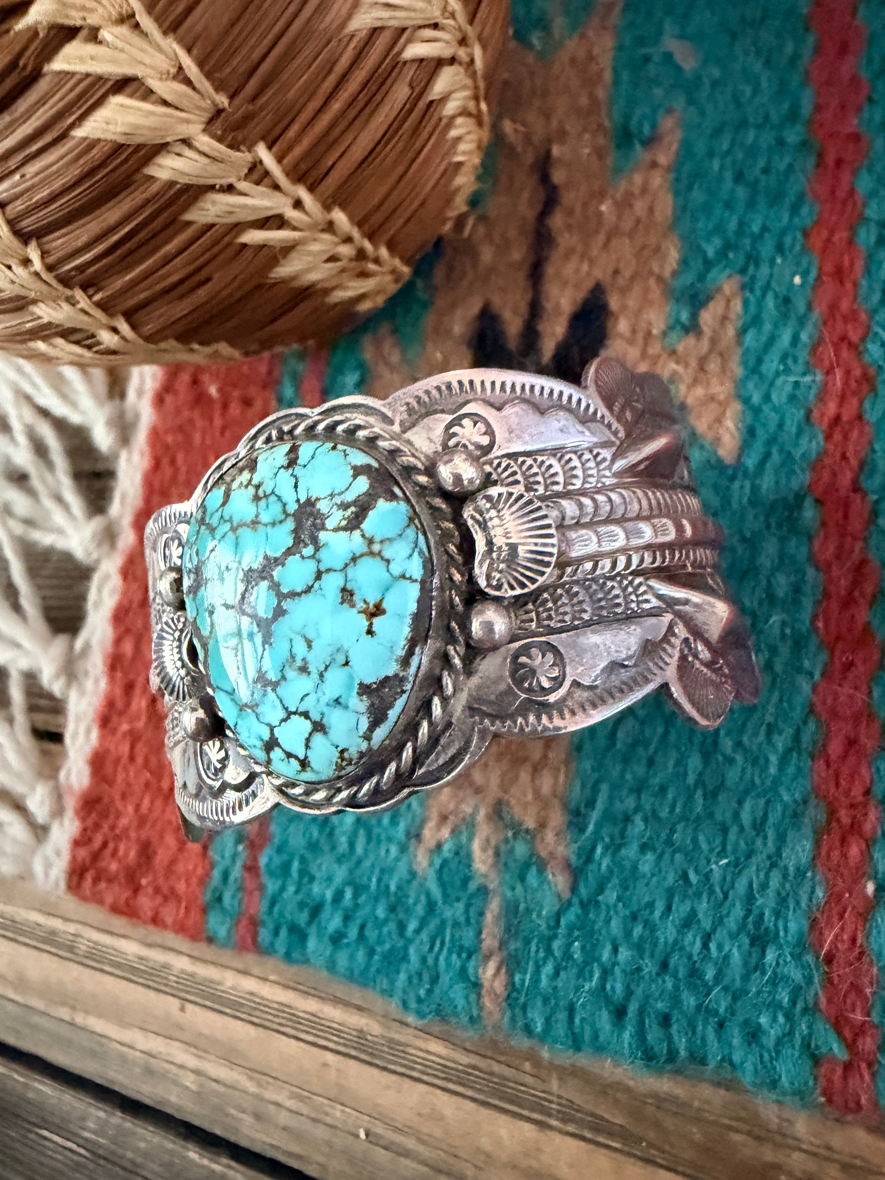 Handcrafted Old Pawn Sterling Silver & Number 8 Turquoise Cuff Bracelet