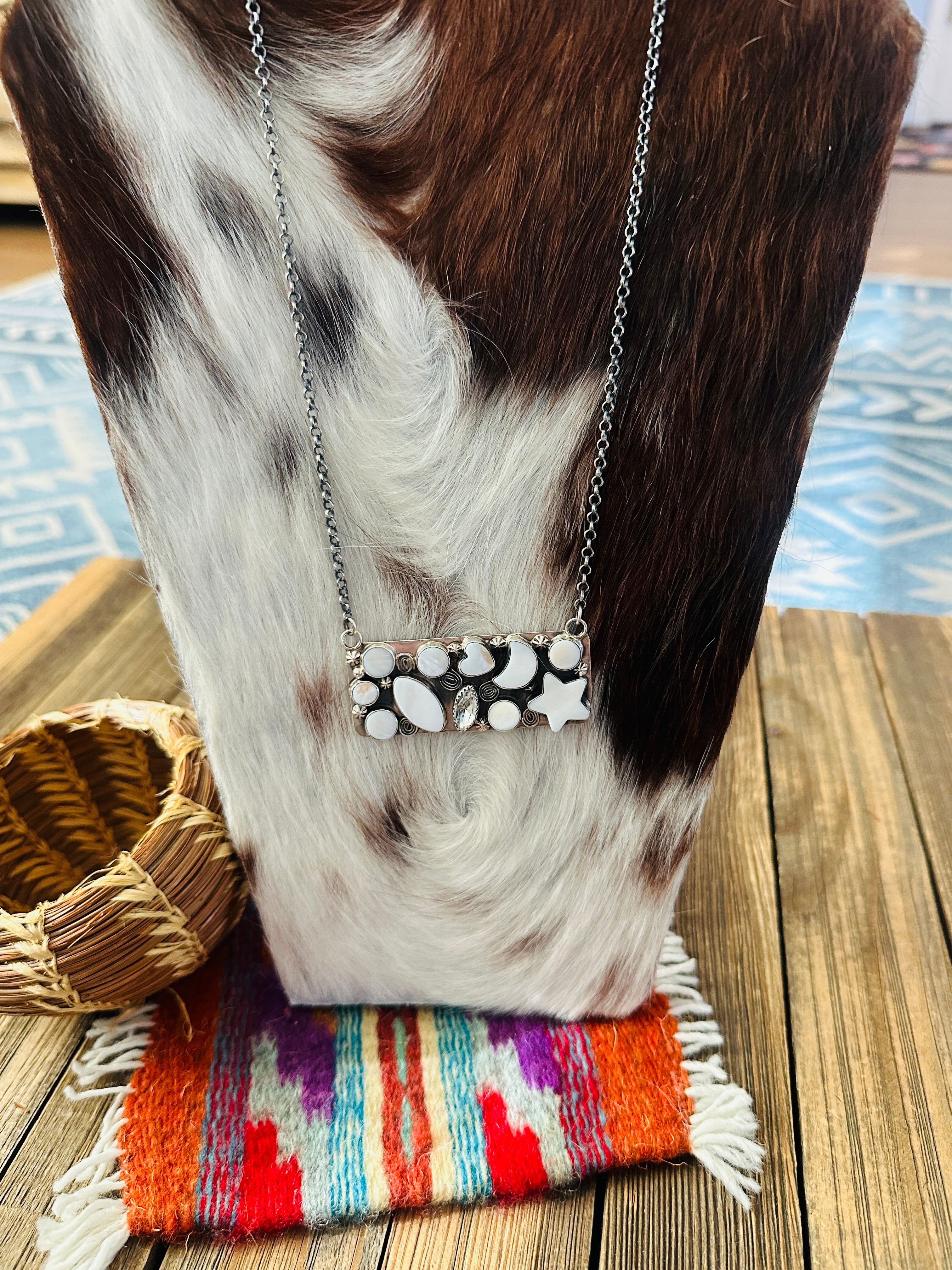 Handcrafted Mother of Pearl, CZ & Sterling Silver Bar Necklace by Jacqueline Silver