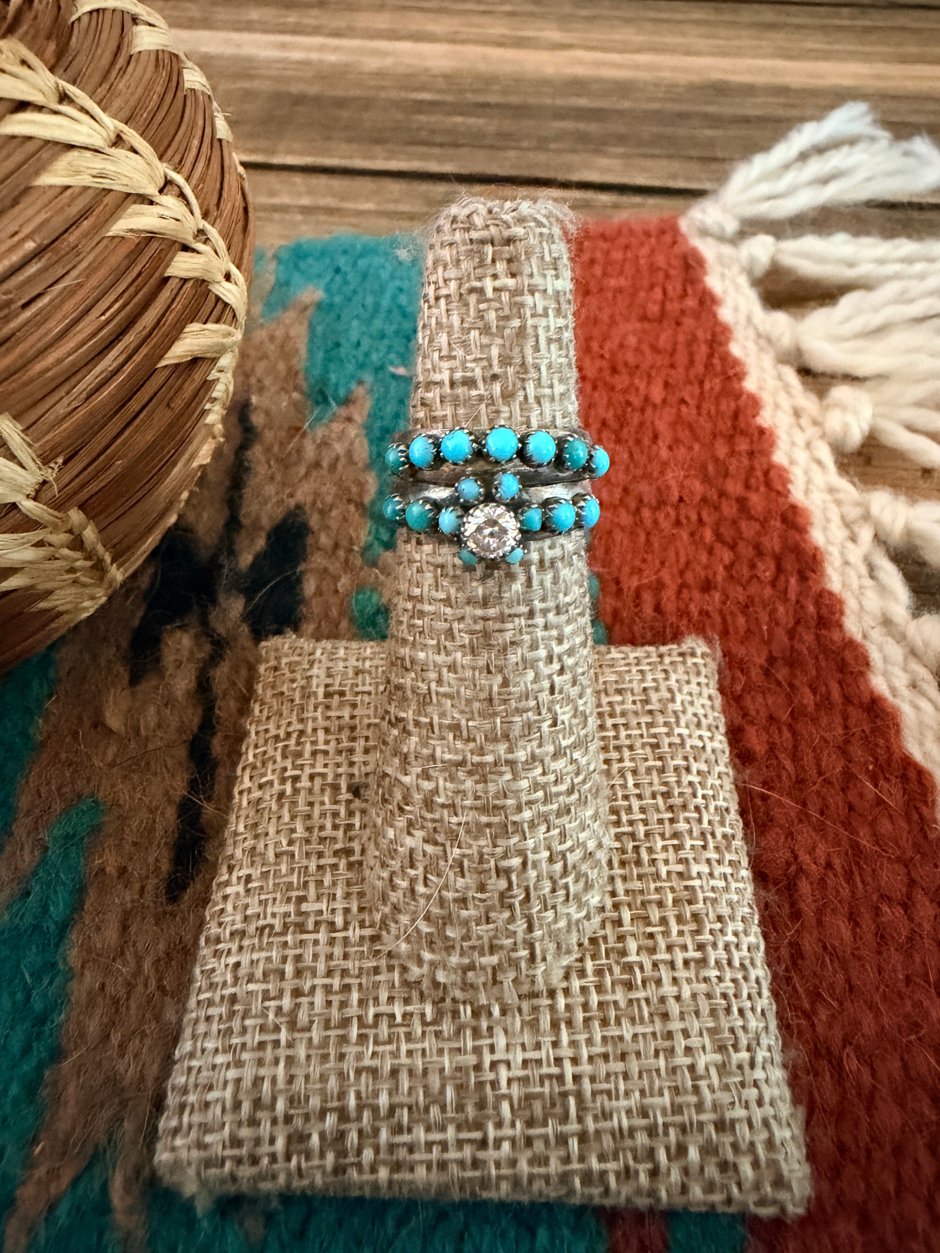 Old Pawn Handcrafted Turquoise, CZ & Sterling Silver Ring Set Size 5.25 by Joel Gray