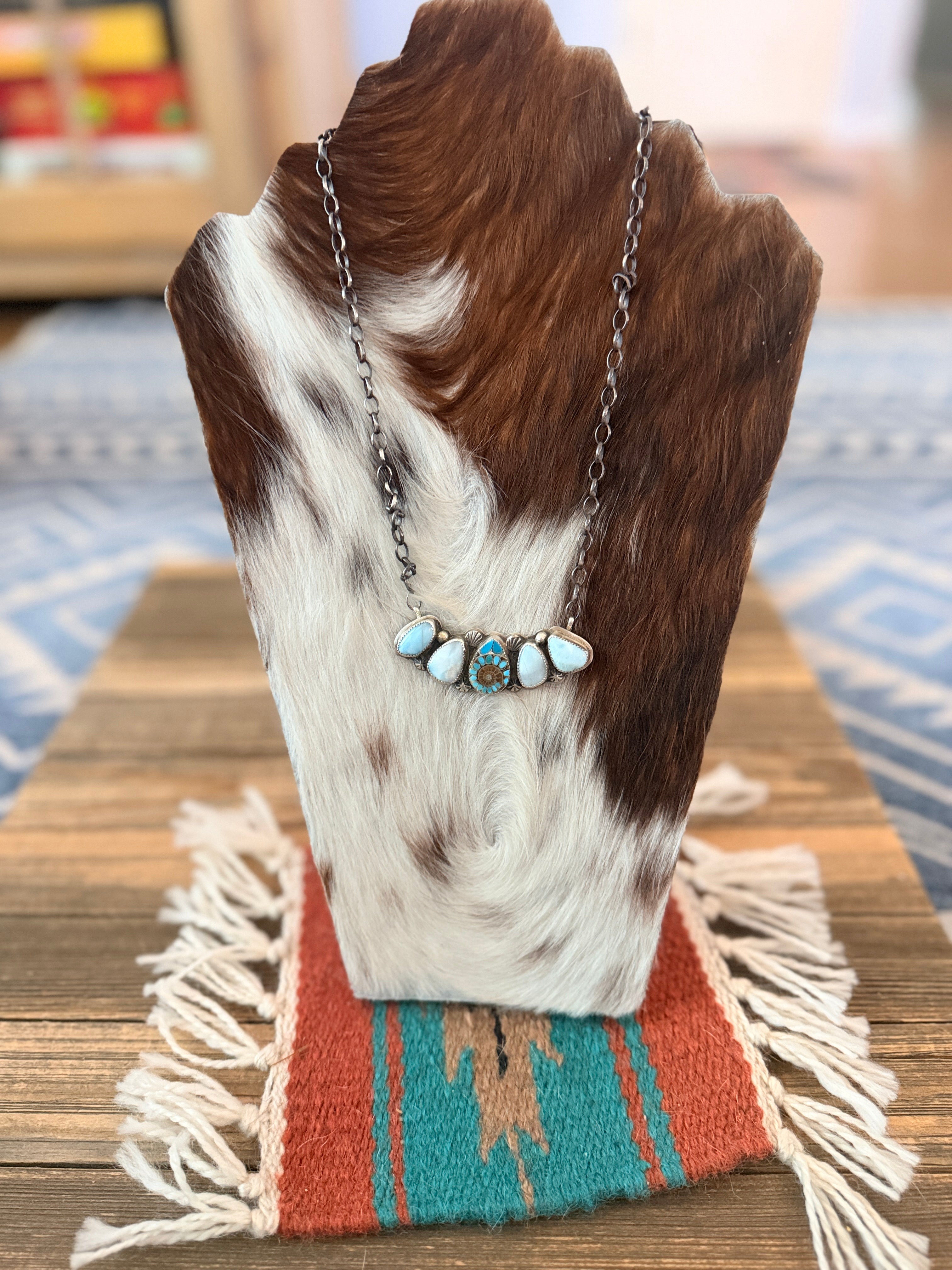 Handmade Sterling Silver, Larimar & Ammonite w/ Shattuckite Inlay Necklace Necklace