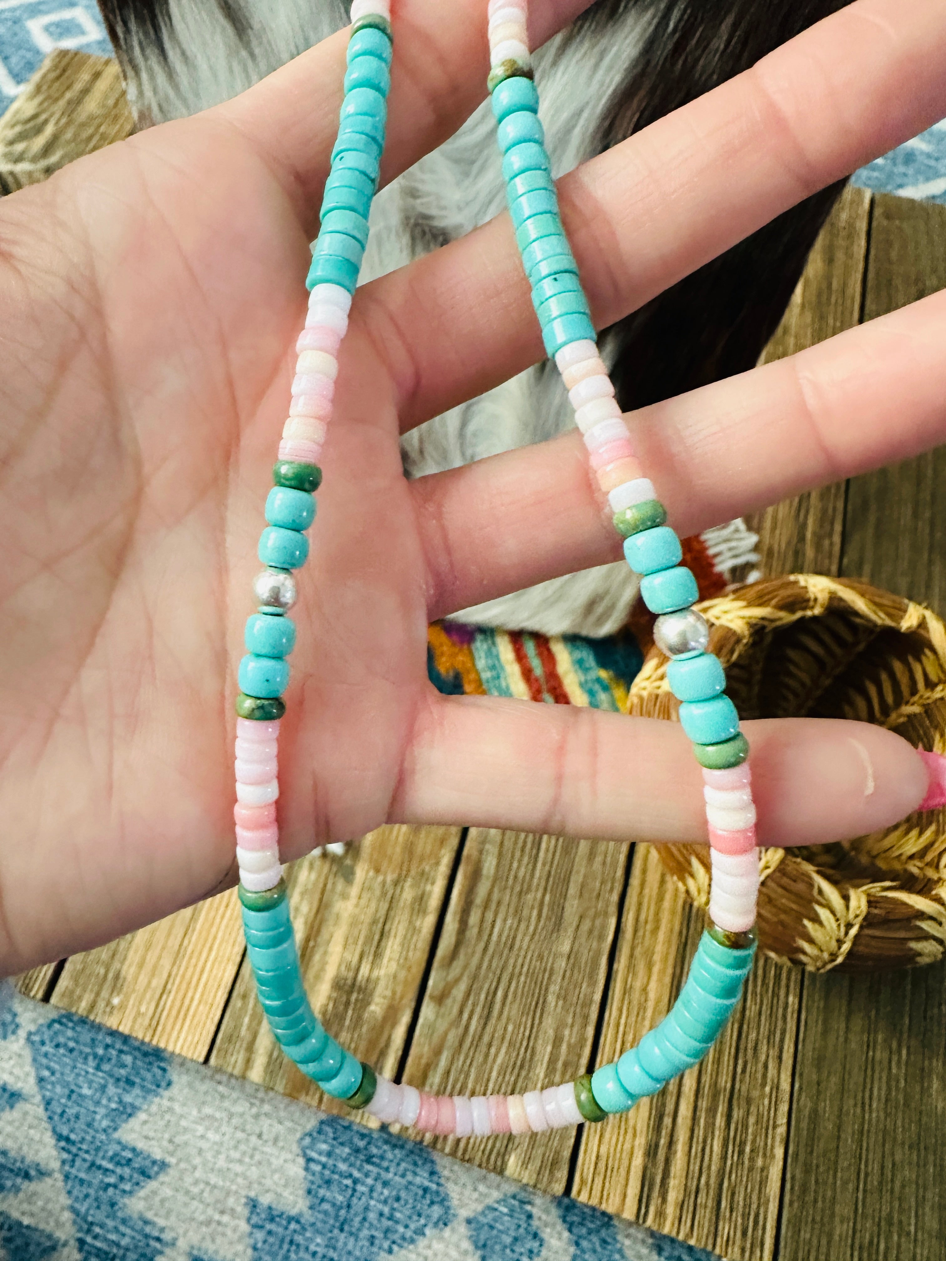 Handcrafted Turquoise, Queen Pink Conch & Sterling Silver 30” Beaded Necklace