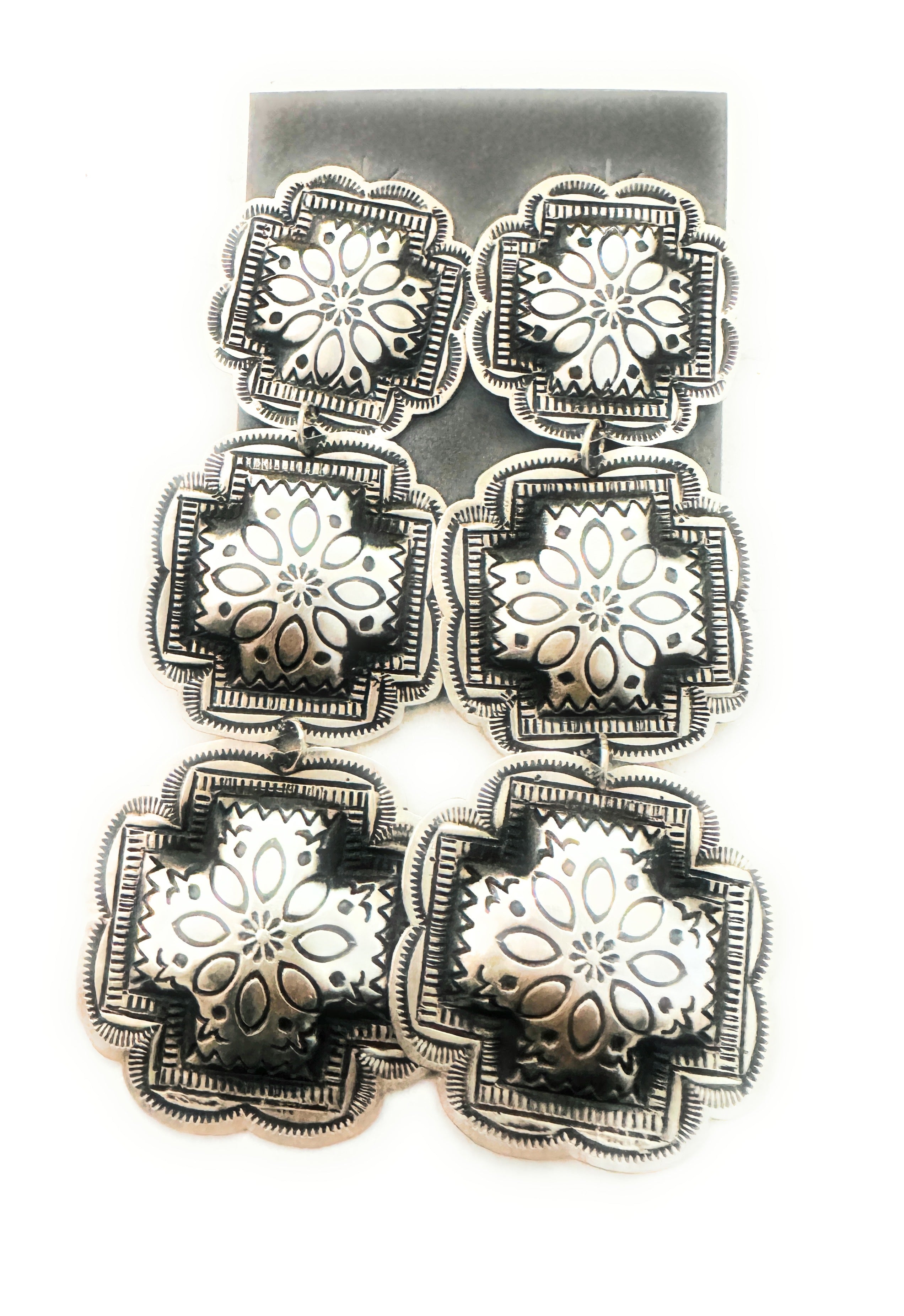 Handcrafted & Hand Stamped Sterling Silver Concho Dangle Earrings by Leander Tahe