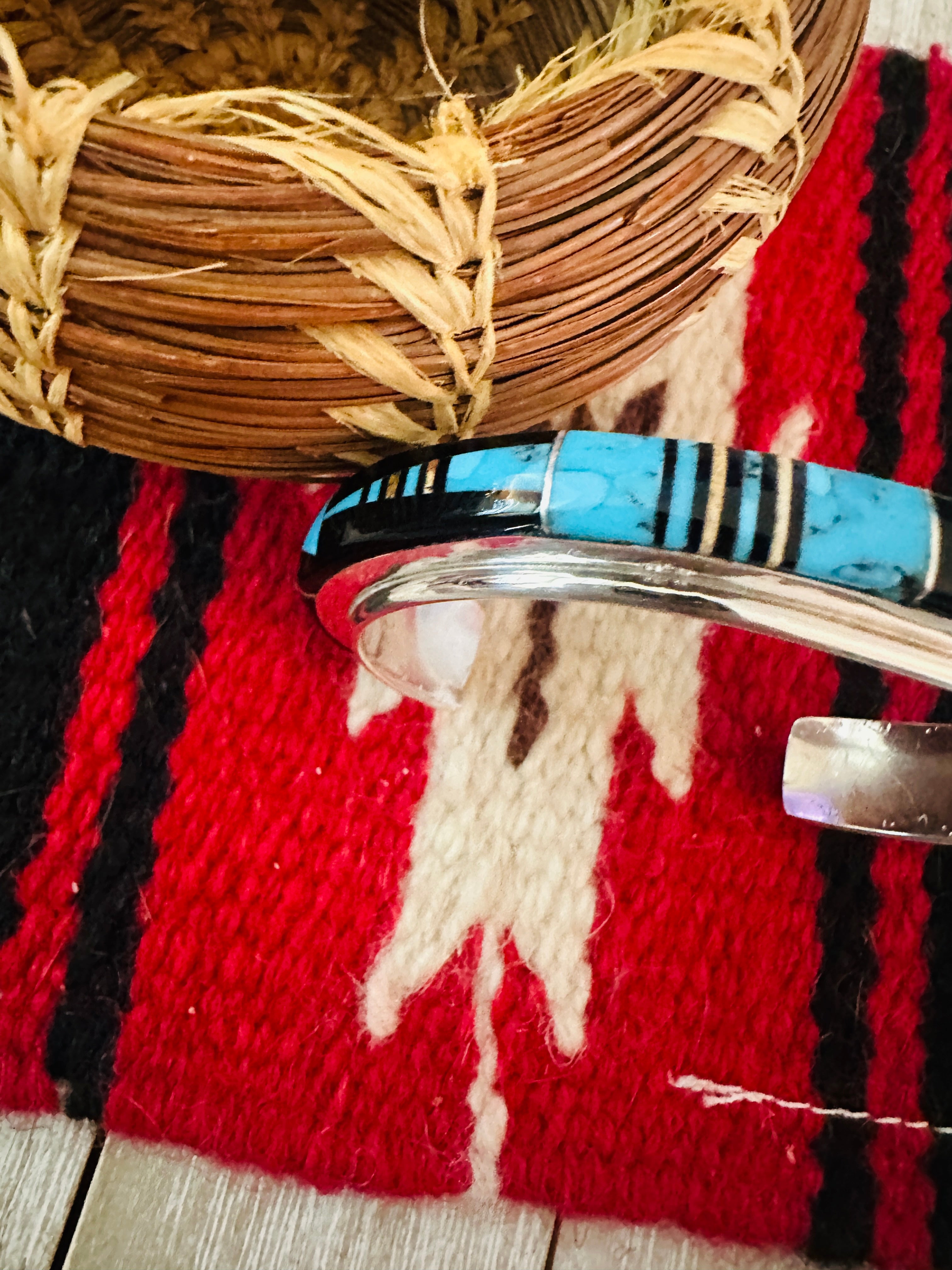 Handcrafted Multi Stone & Sterling Silver Inlay Cuff Bracelet by Ray Jack