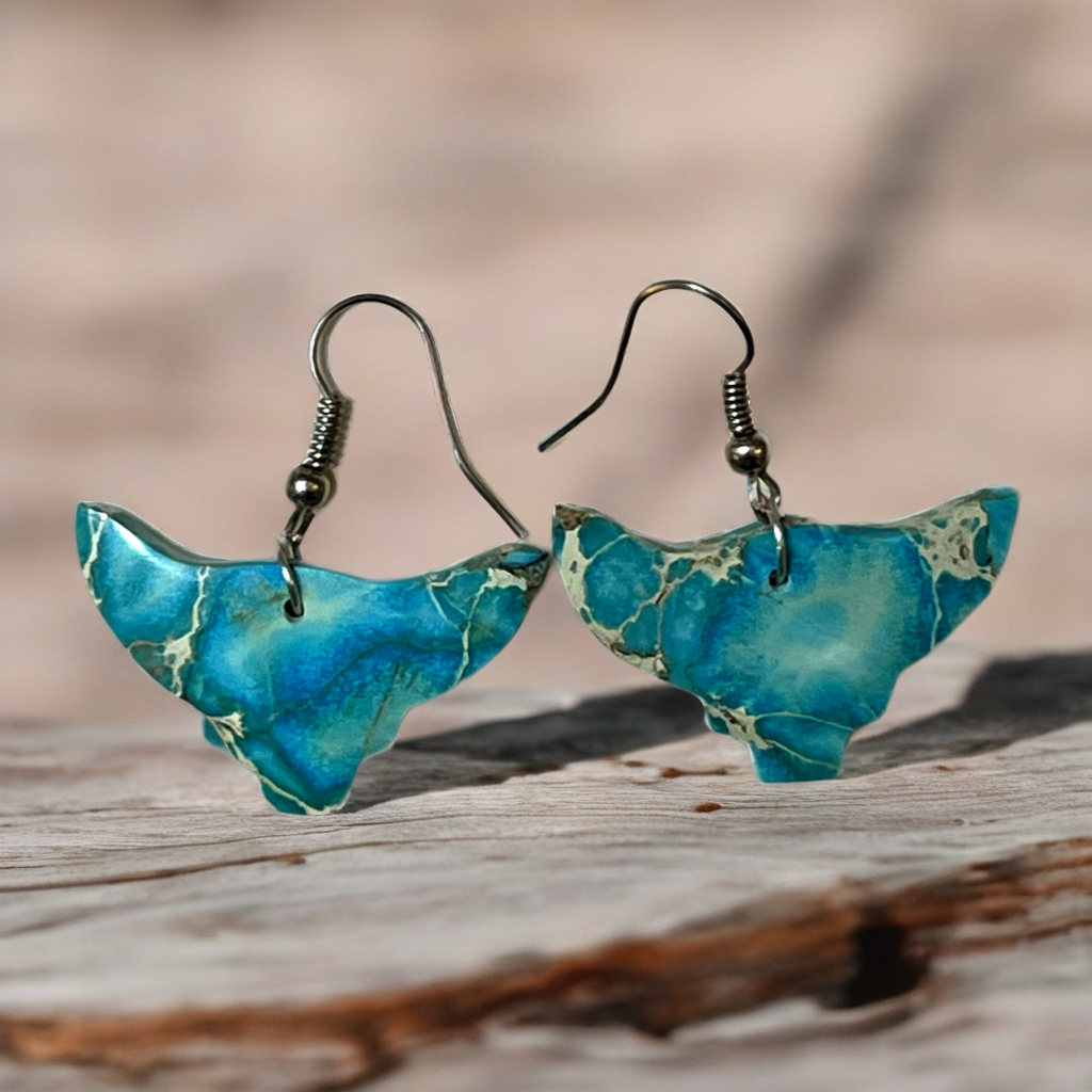 Handcrafted Indigo Turquoise Bull Head Slab Sterling Silver Earrings