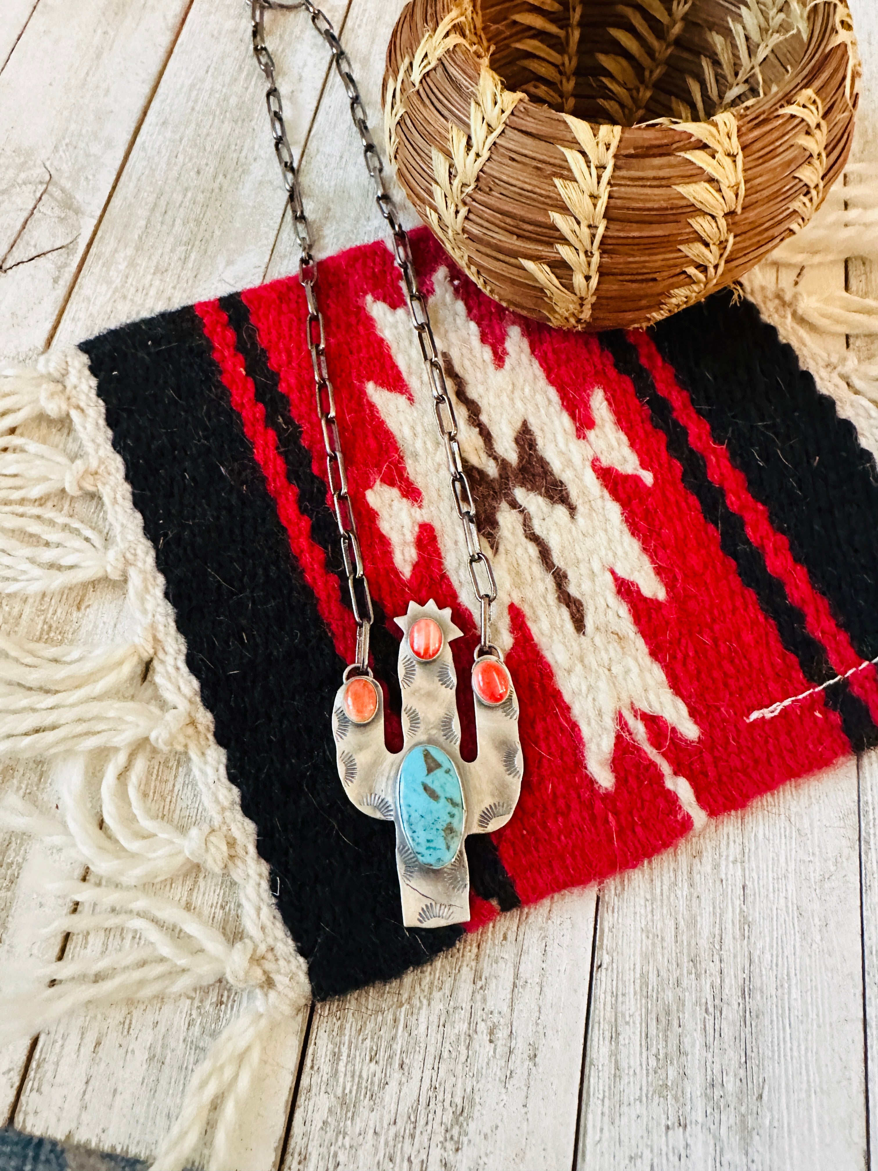 Handcrafted Sterling Silver, Turquoise & Spiny Cactus Necklace