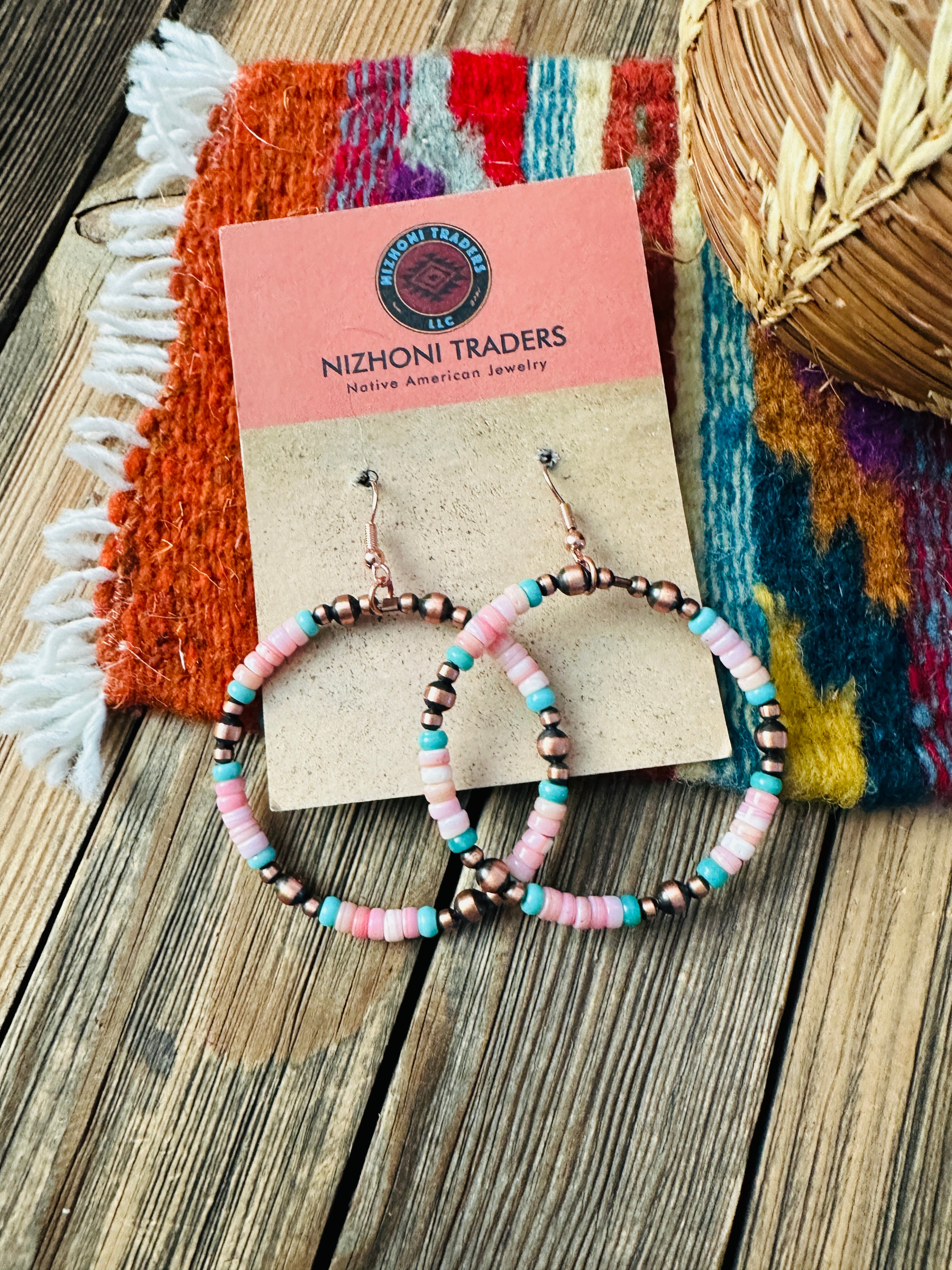 Handcrafted Queen Pink Conch, Turquoise & Copper Beaded Dangle Hoop Earrings