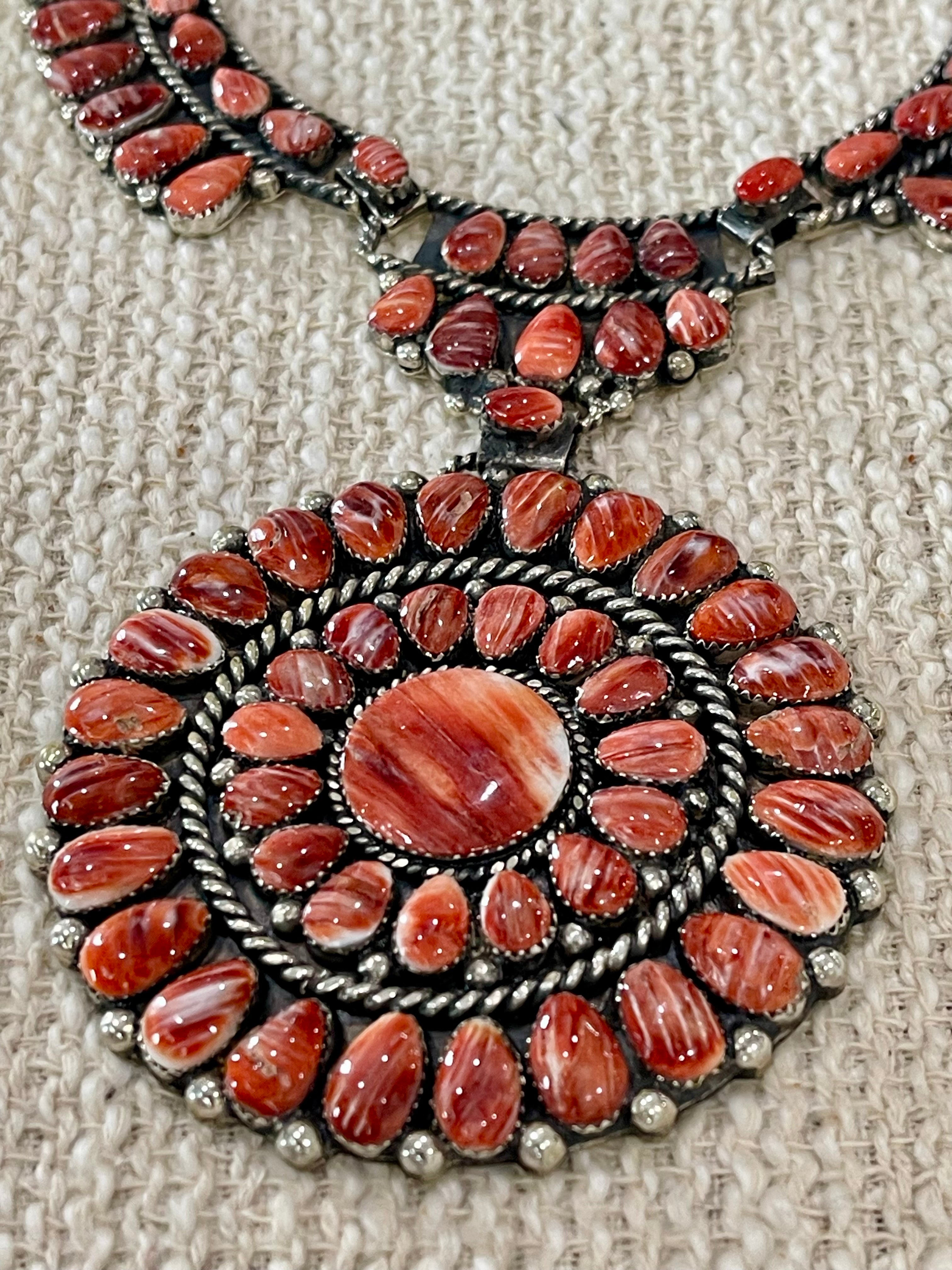 Handmade Sterling Silver & Red Spiny Cluster Necklace