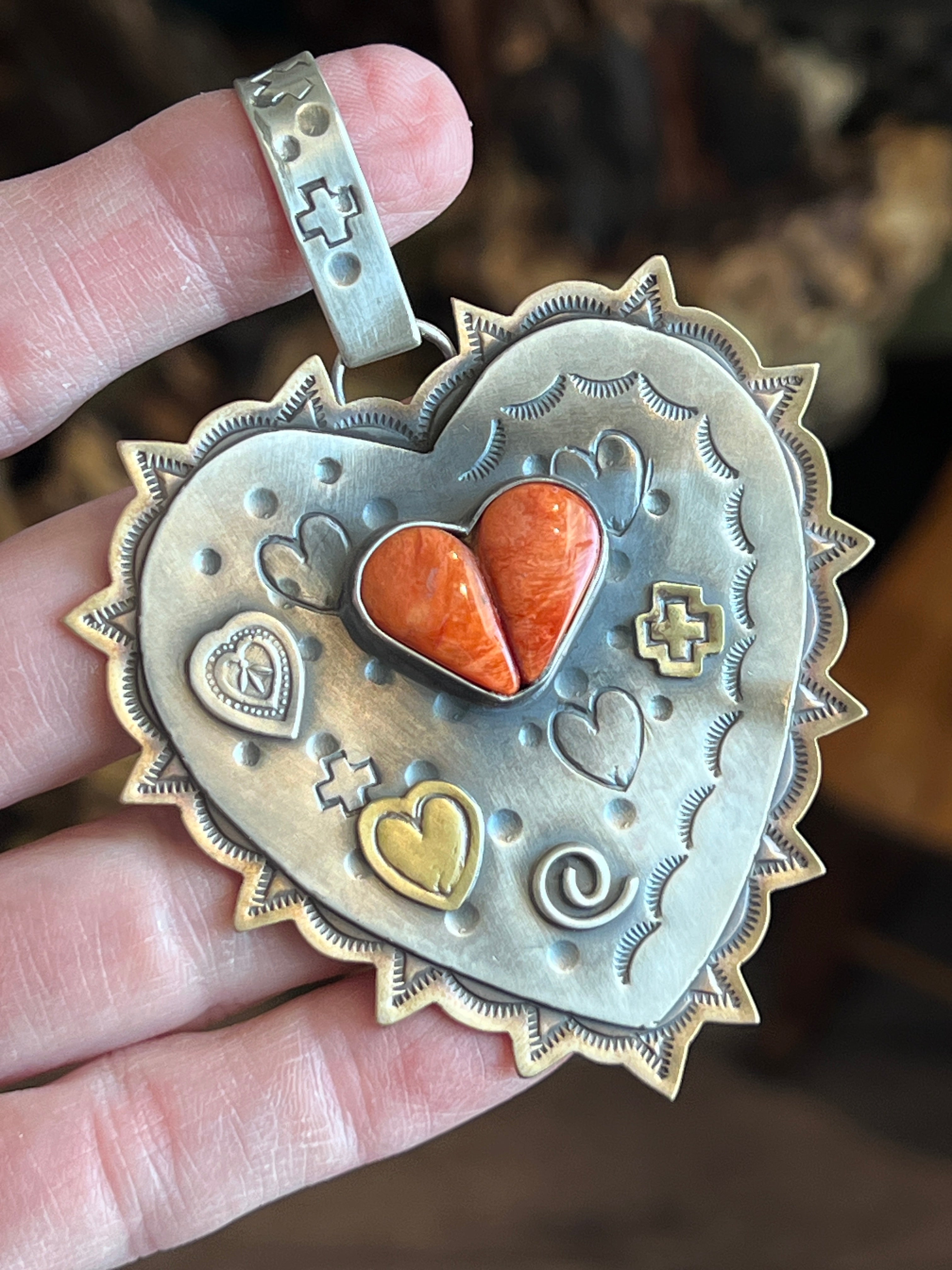 Kimari Somers Hand Stamped Sterling Silver, Brass & Spiny Oyster ‘Protect Your Heart’ Pendant
