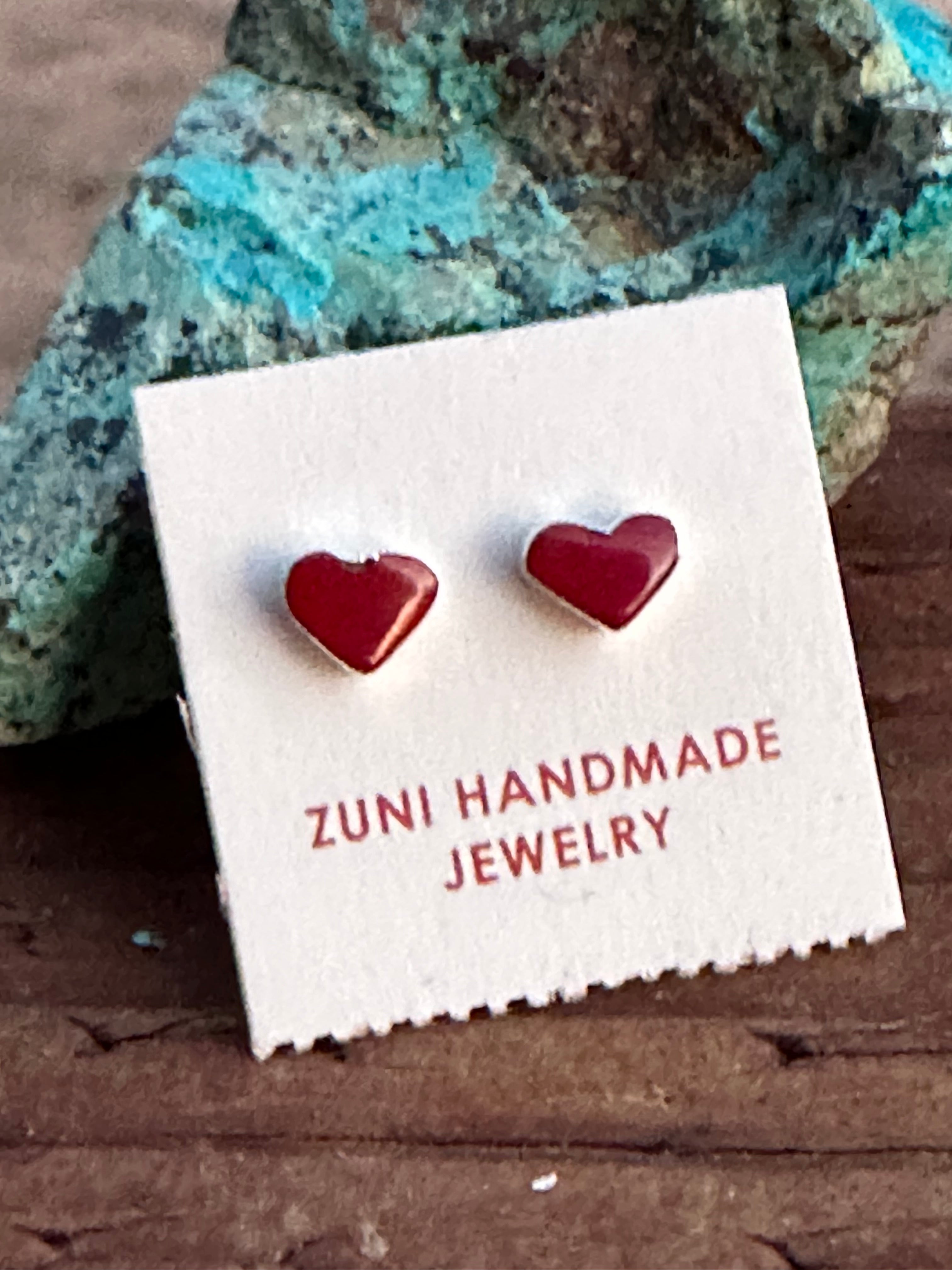 Handcrafted Red Coral & Sterling Silver Heart Stud Earrings