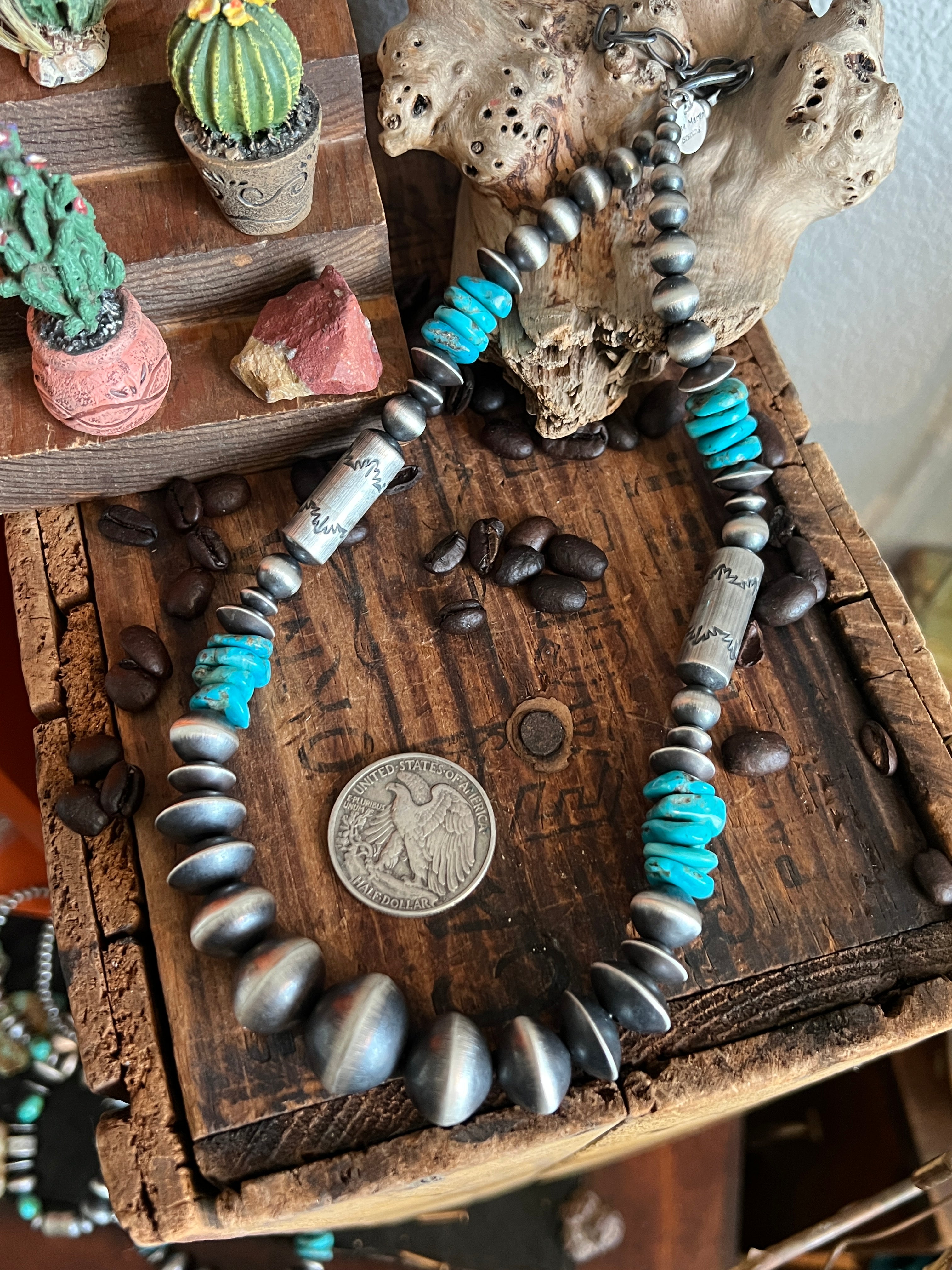Handcrafted Sterling Silver and Kingman Turquoise Beaded Necklace by Rose Martin, 20 + 1-1/2 inches