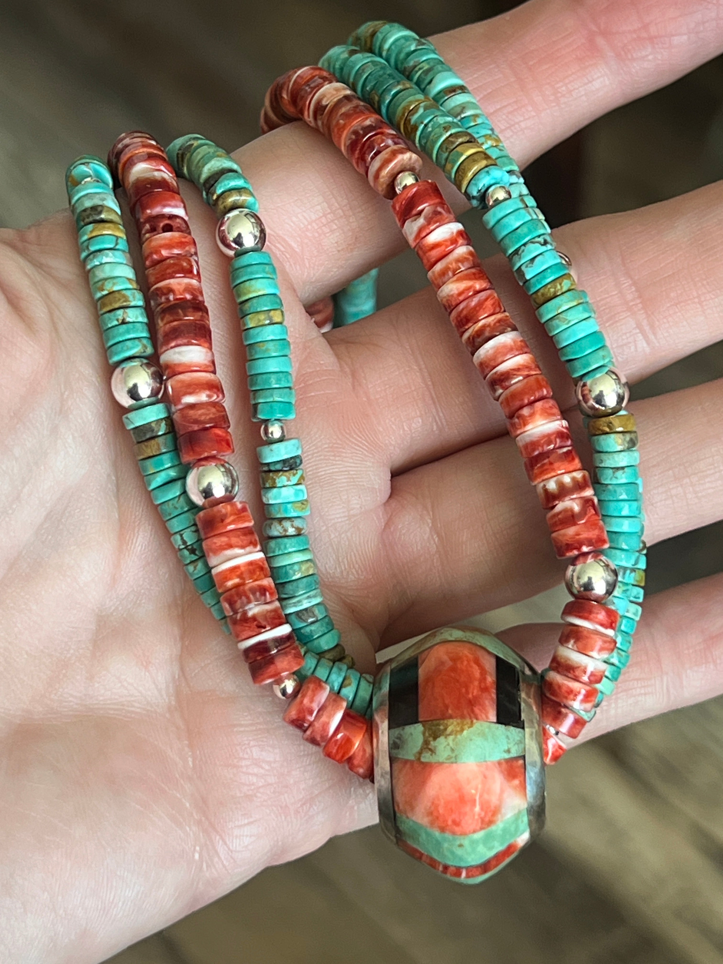 Daniel Coriz Triple Strand Spiny Oyster and Turquoise Beaded Necklace w/ Removable Sterling Silver & Stone Inlay Bead