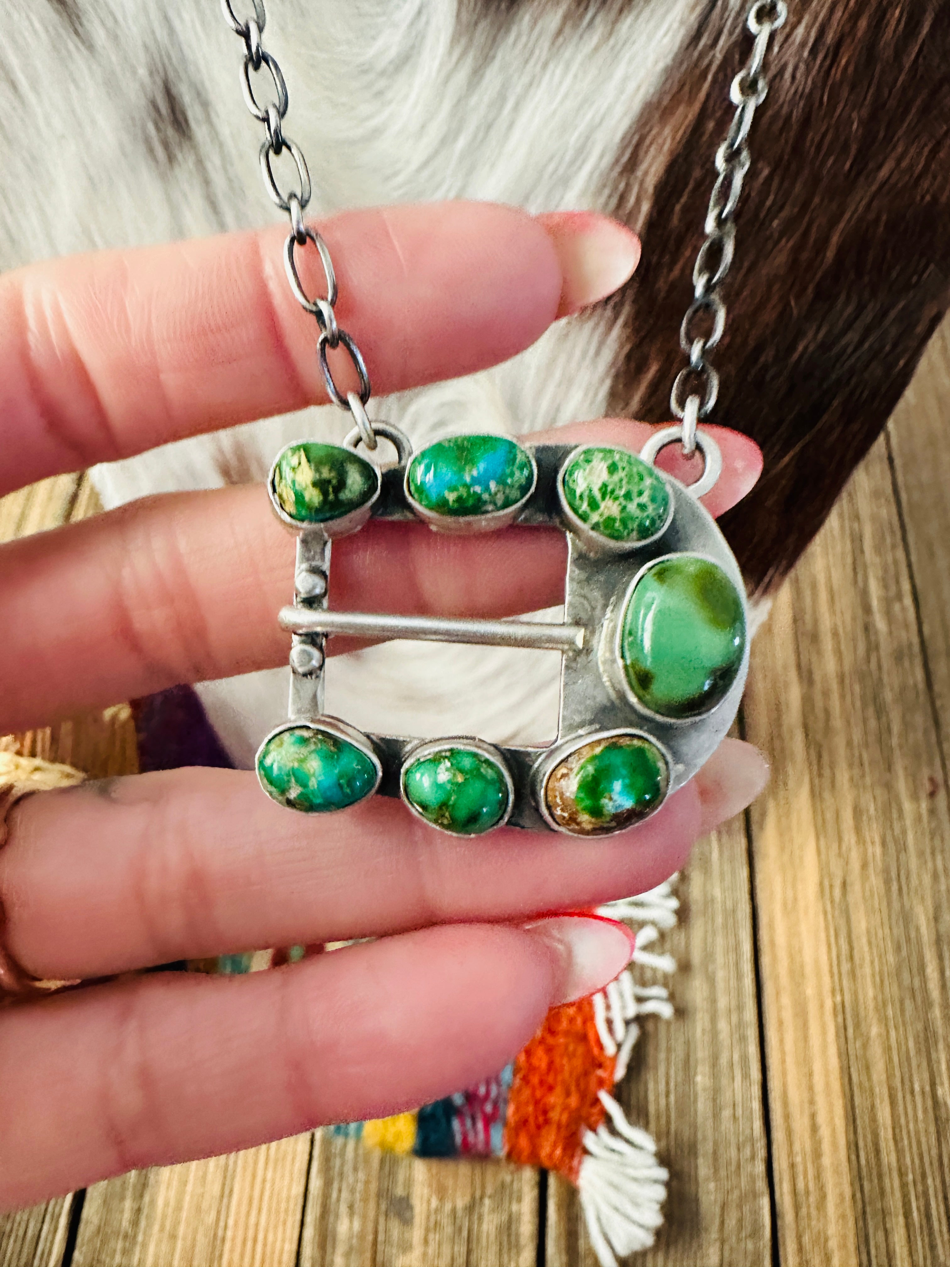 Handcrafted Sonoran Mountain Turquoise & Sterling Silver Belt Buckle Necklace by Russell Sam