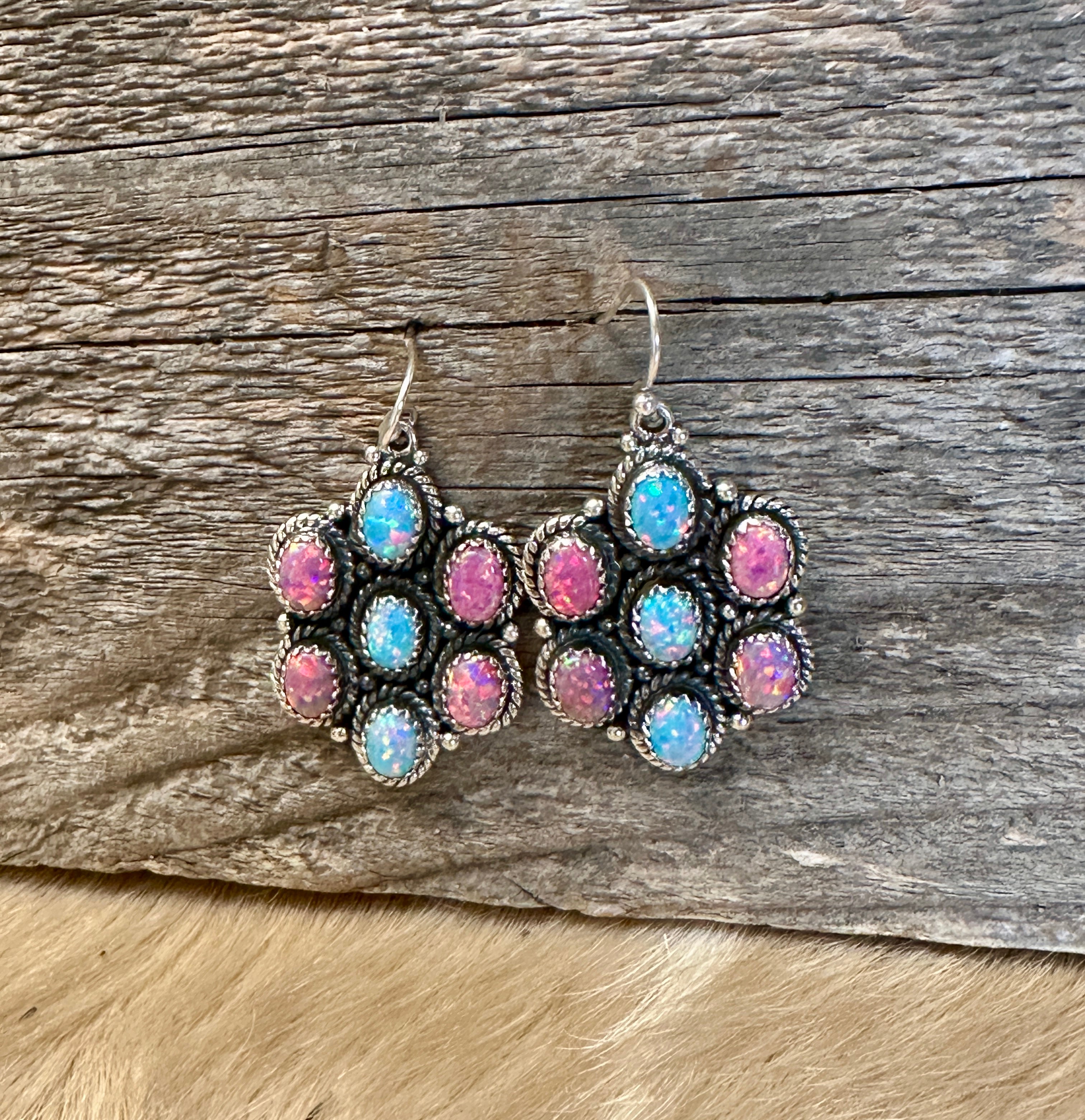 Handmade Pink and Blue Opal Sterling Silver Wire Dangle Earrings
