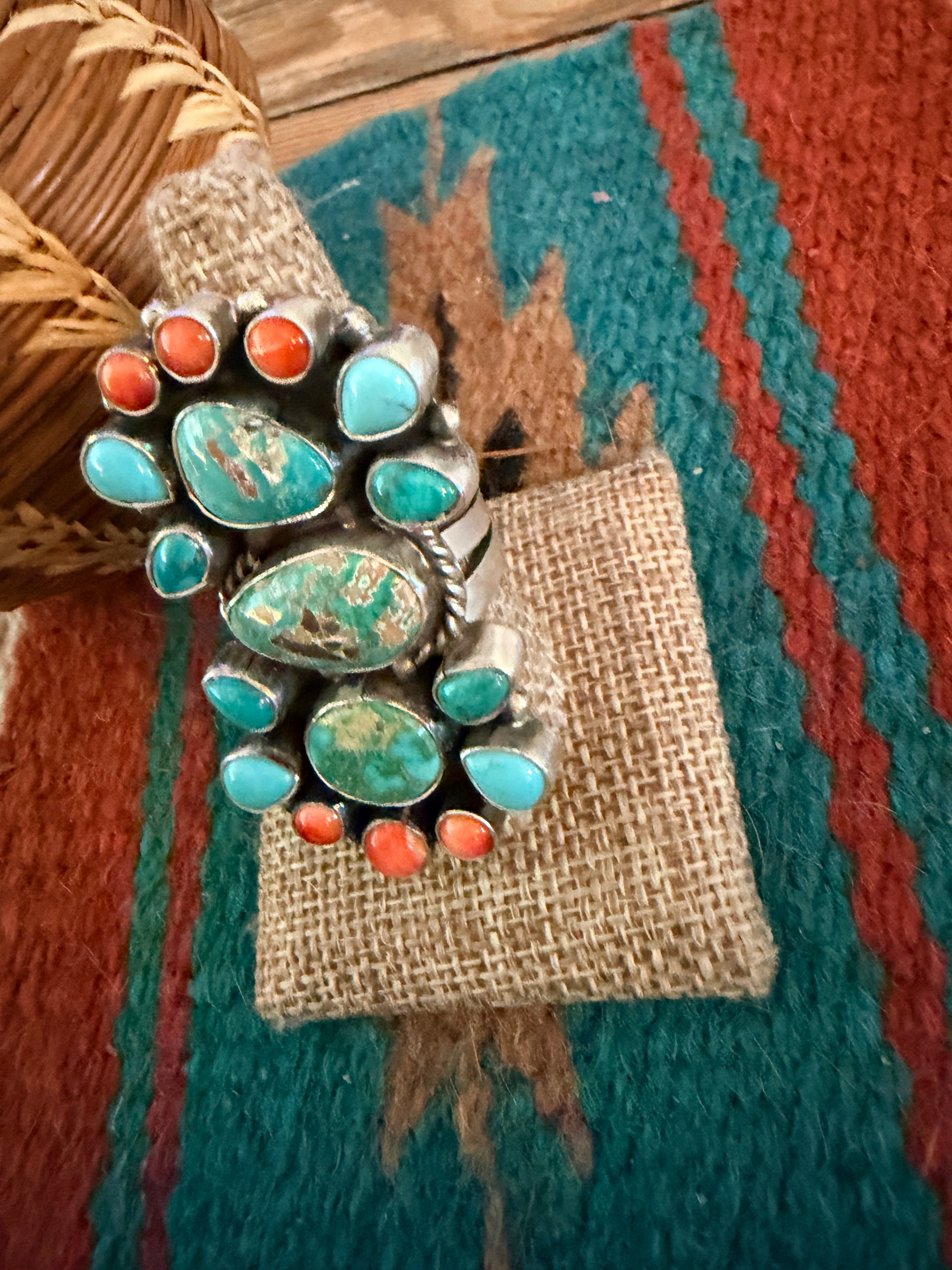 Handcrafted Spiny Oyster, Turquoise & Sterling Silver Cluster Ring by Sheila Becenti Size 9
