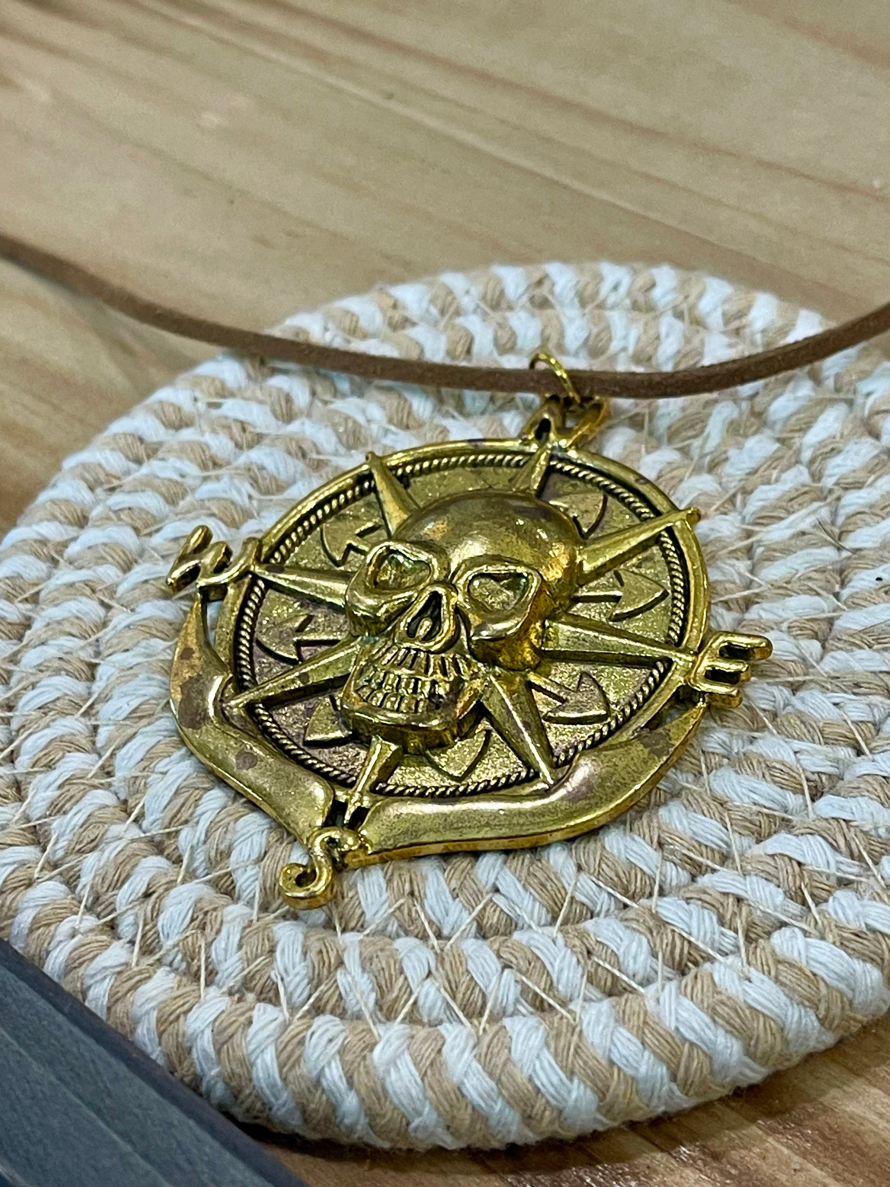 The Bijoux Vault Vintage Skull Compass Gold Plated Necklace