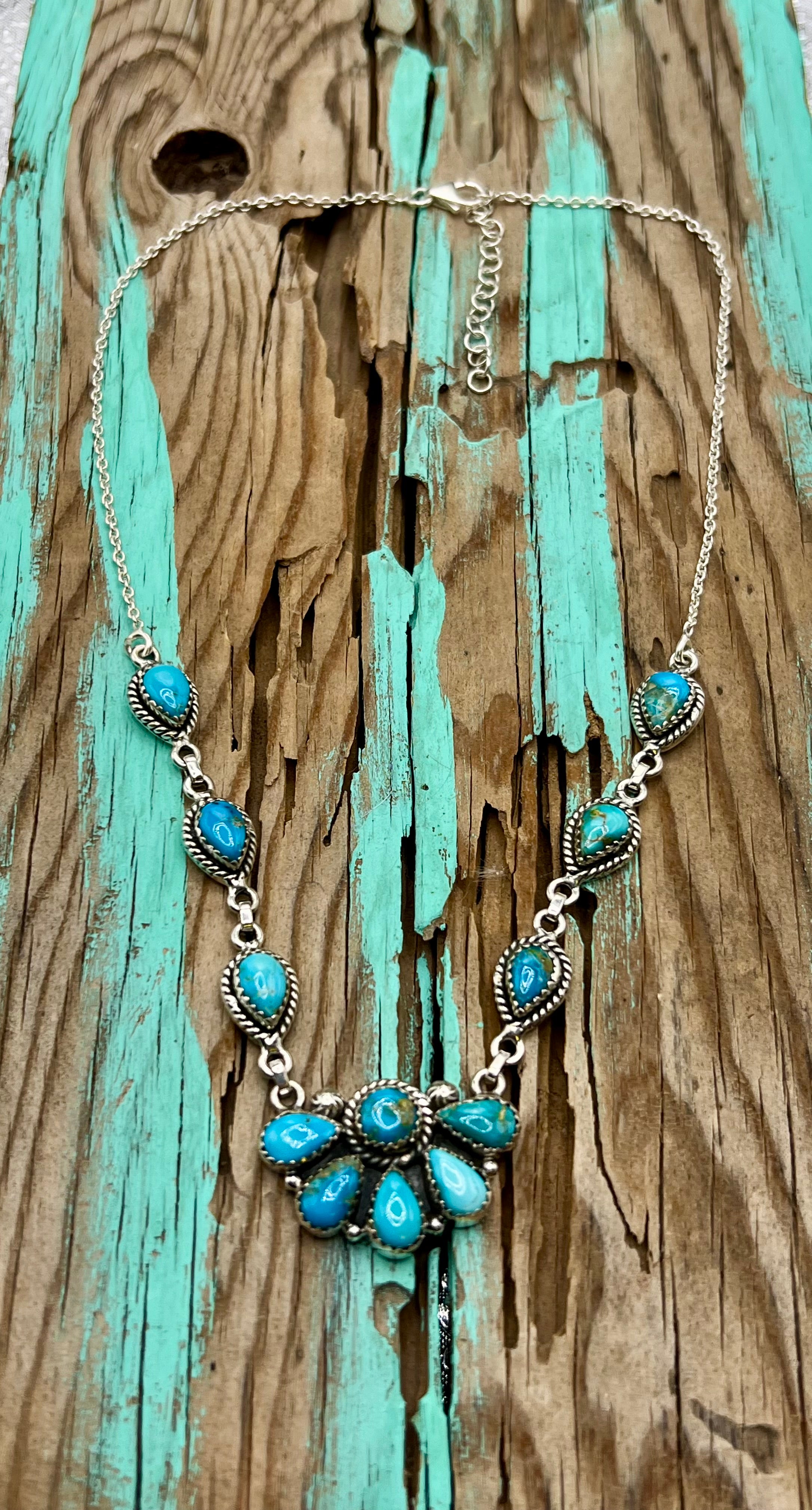 Handmade South Hill Sonoran Turquoise Cluster Sterling Silver Necklace