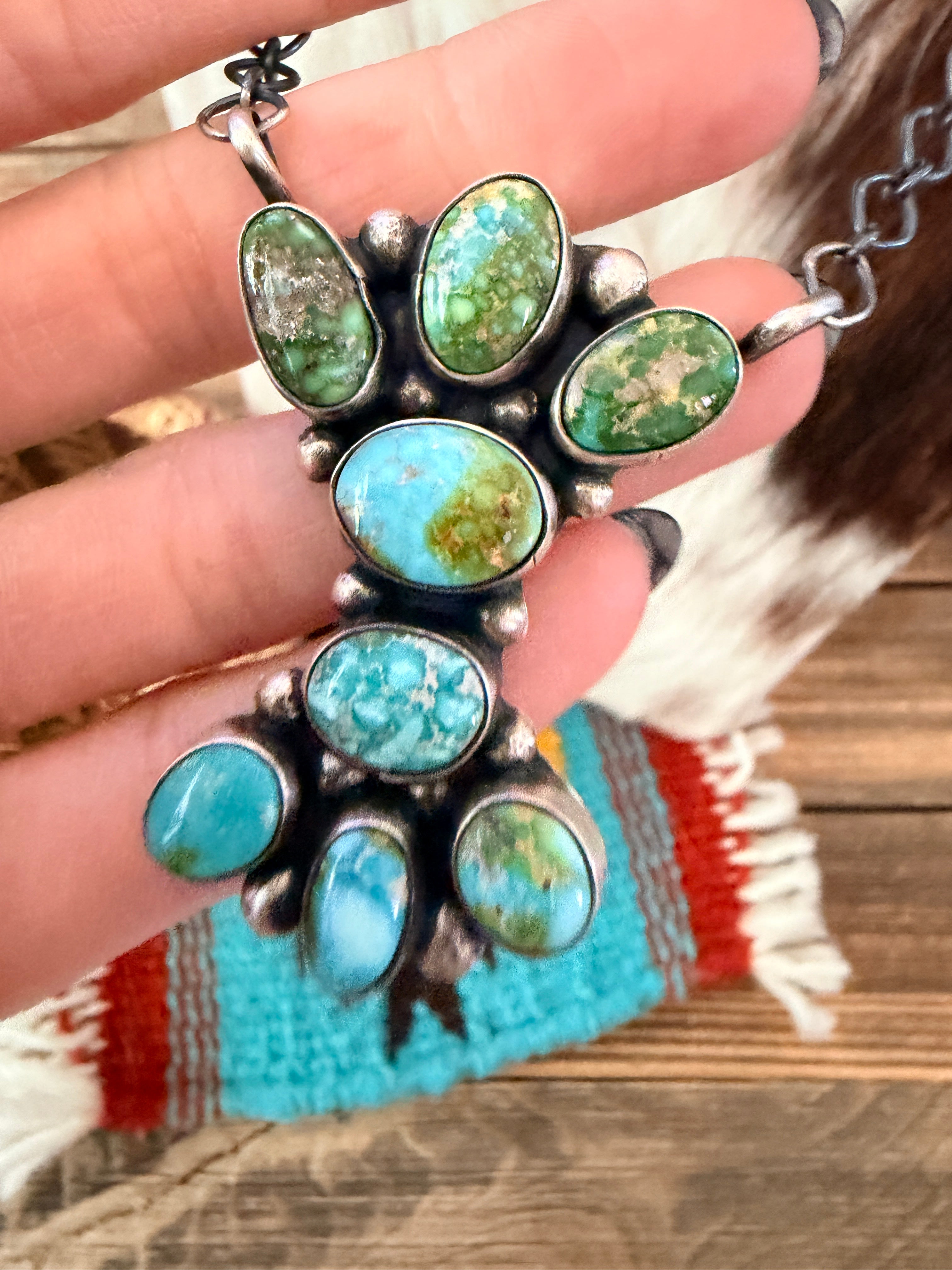 Handcrafted Sonoran Mountain Turquoise & Sterling Silver Cluster Necklace by Sheila Becenti