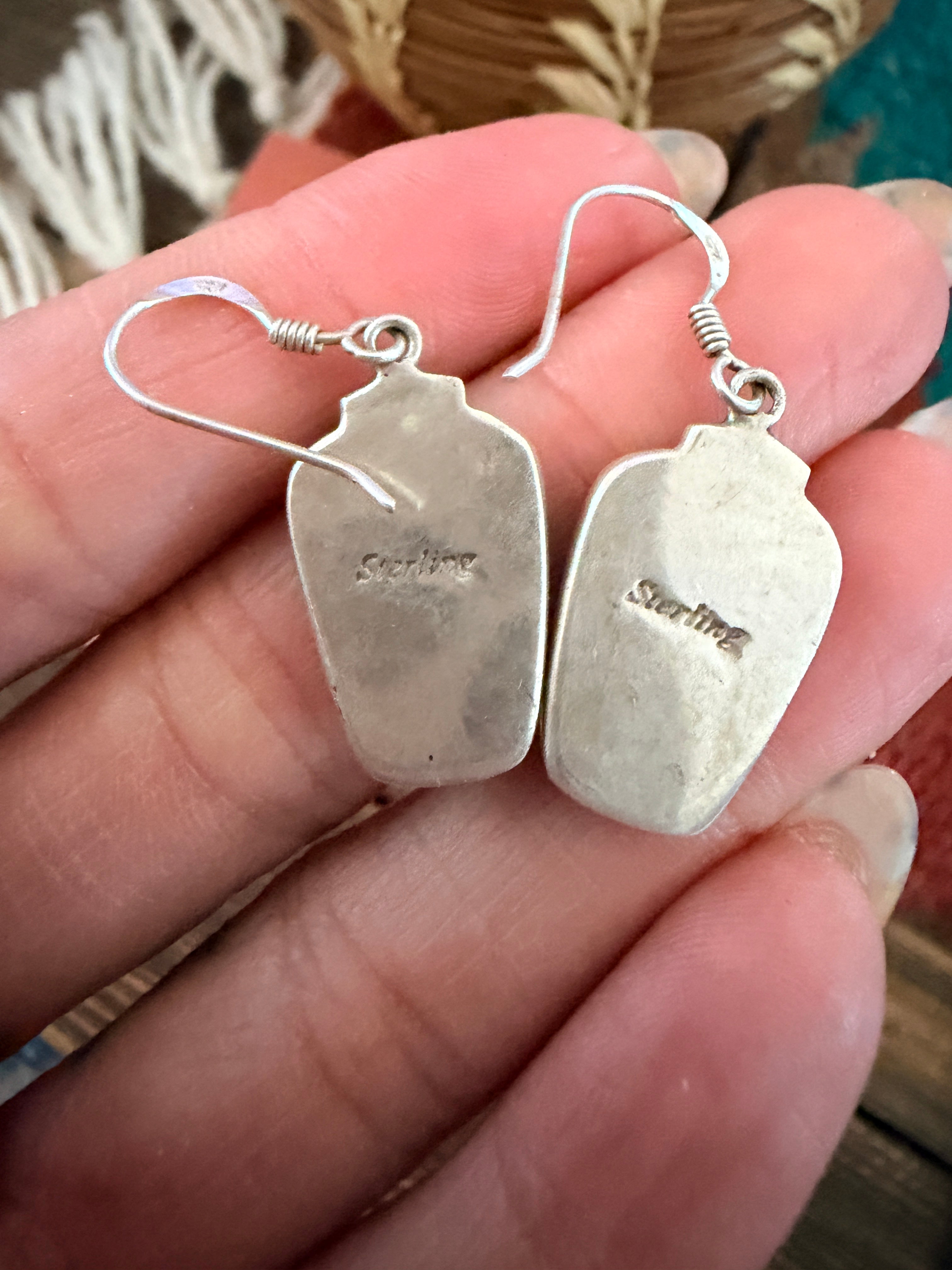 Old Pawn Handcrafted Sterling Silver & Multi Stone Inlay Dangle Earrings