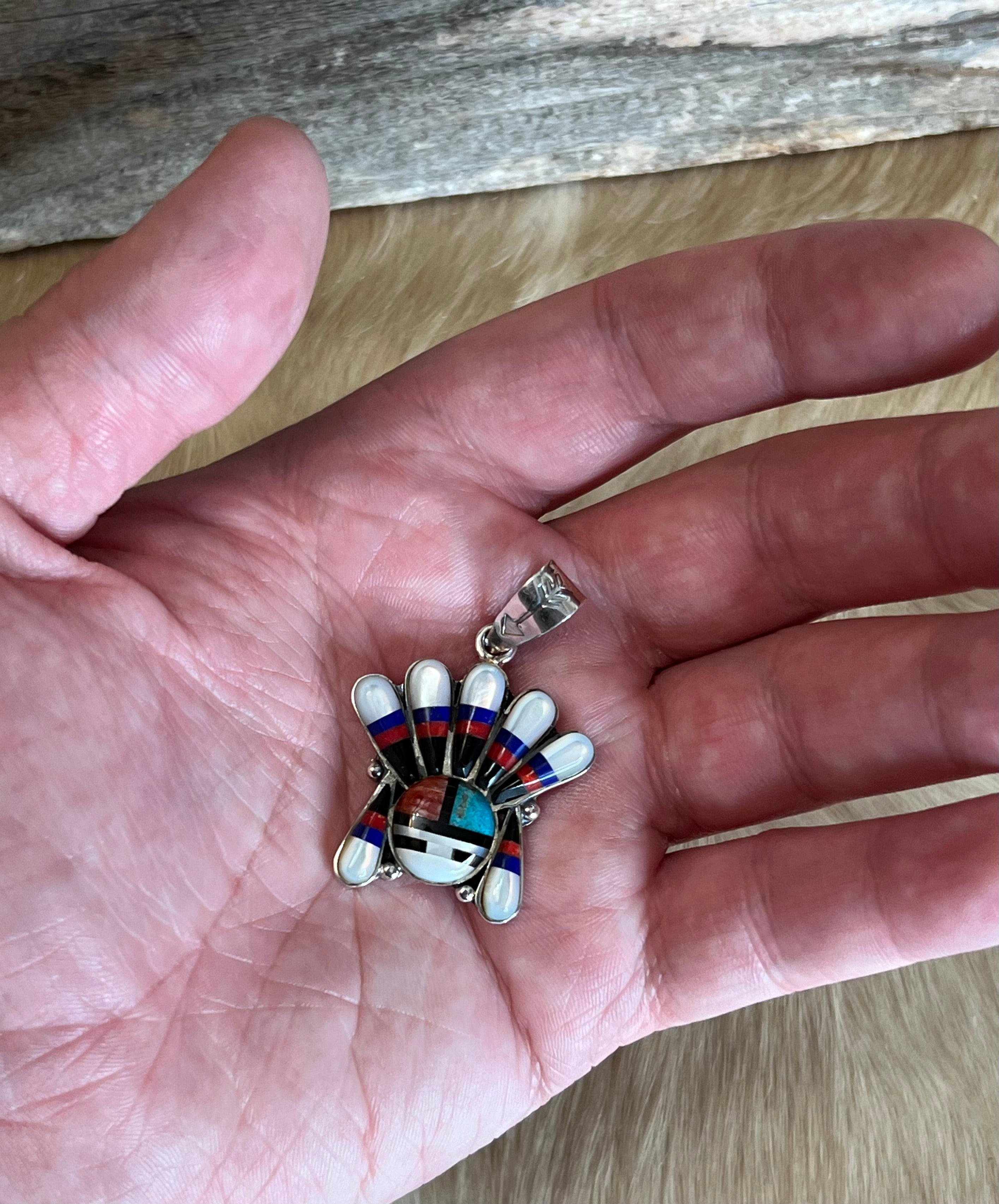 Handmade MultiStone Inlay Sun Face Sterling Silver Pendant