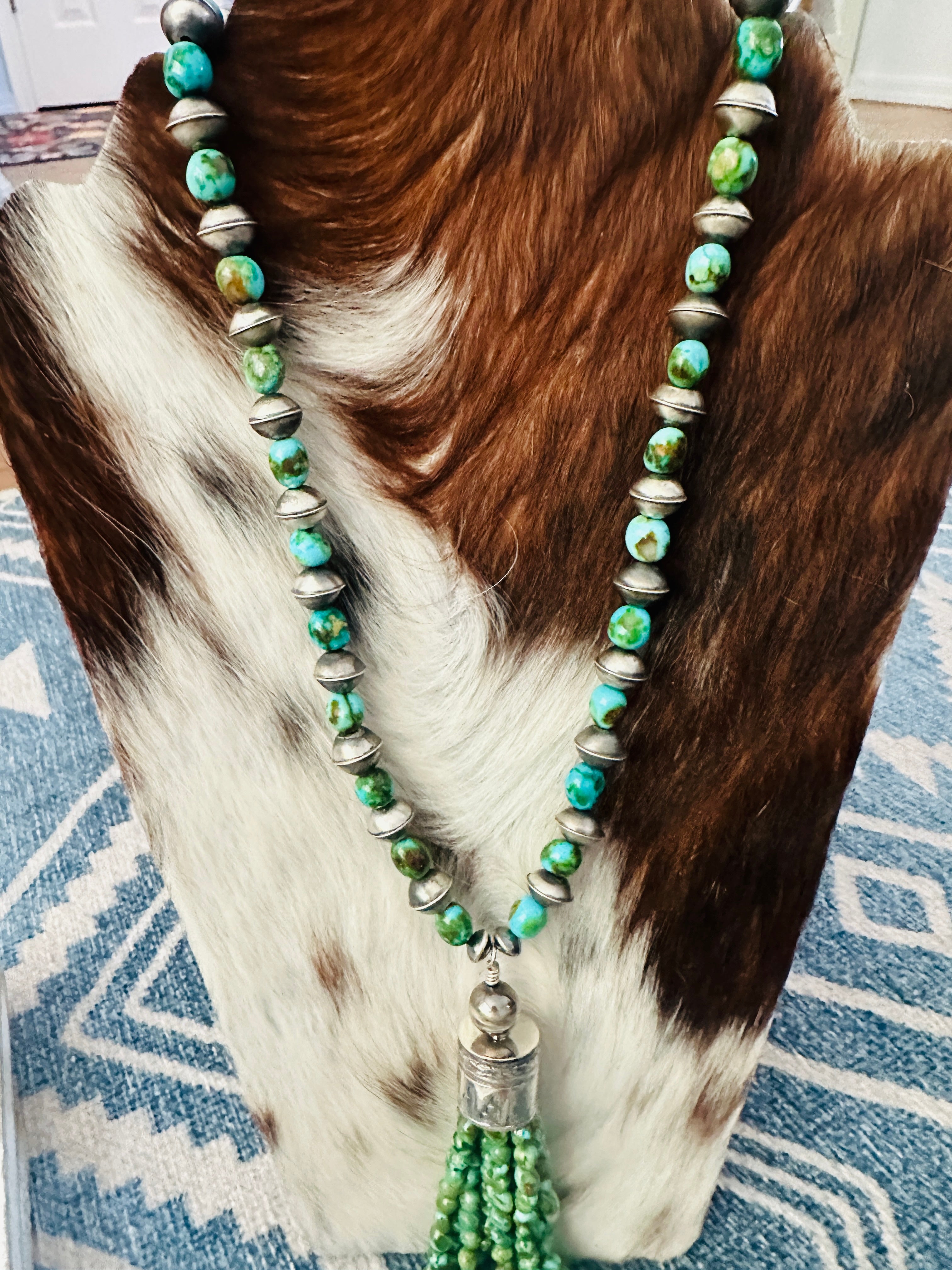 Handcrafted Sonoran Mountain Turquoise & Sterling Silver Beaded Tassel Necklace