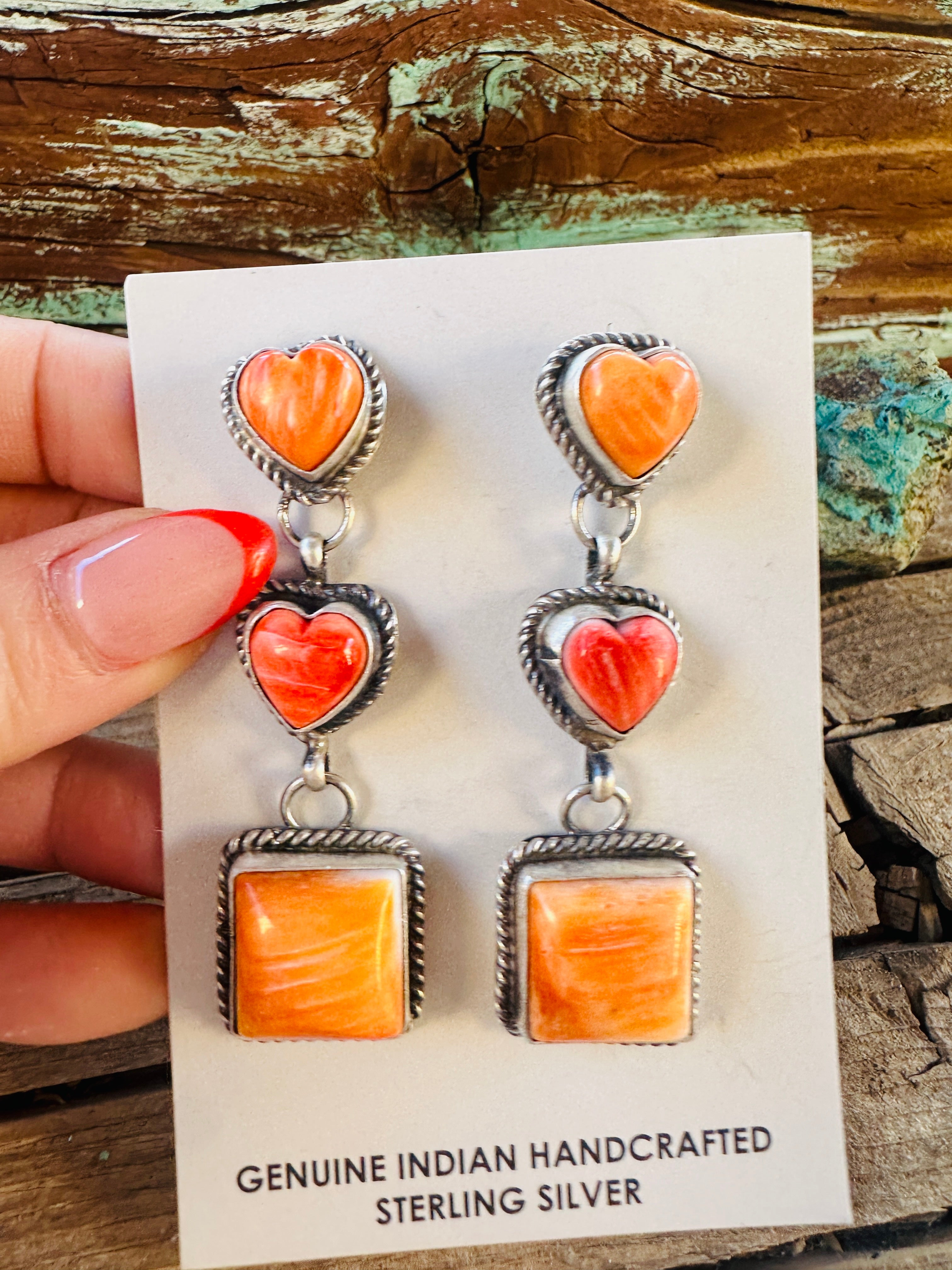 Handcrafted Spiny Oyster & Sterling Silver Heart Dangle Earrings by Vicky Hicks