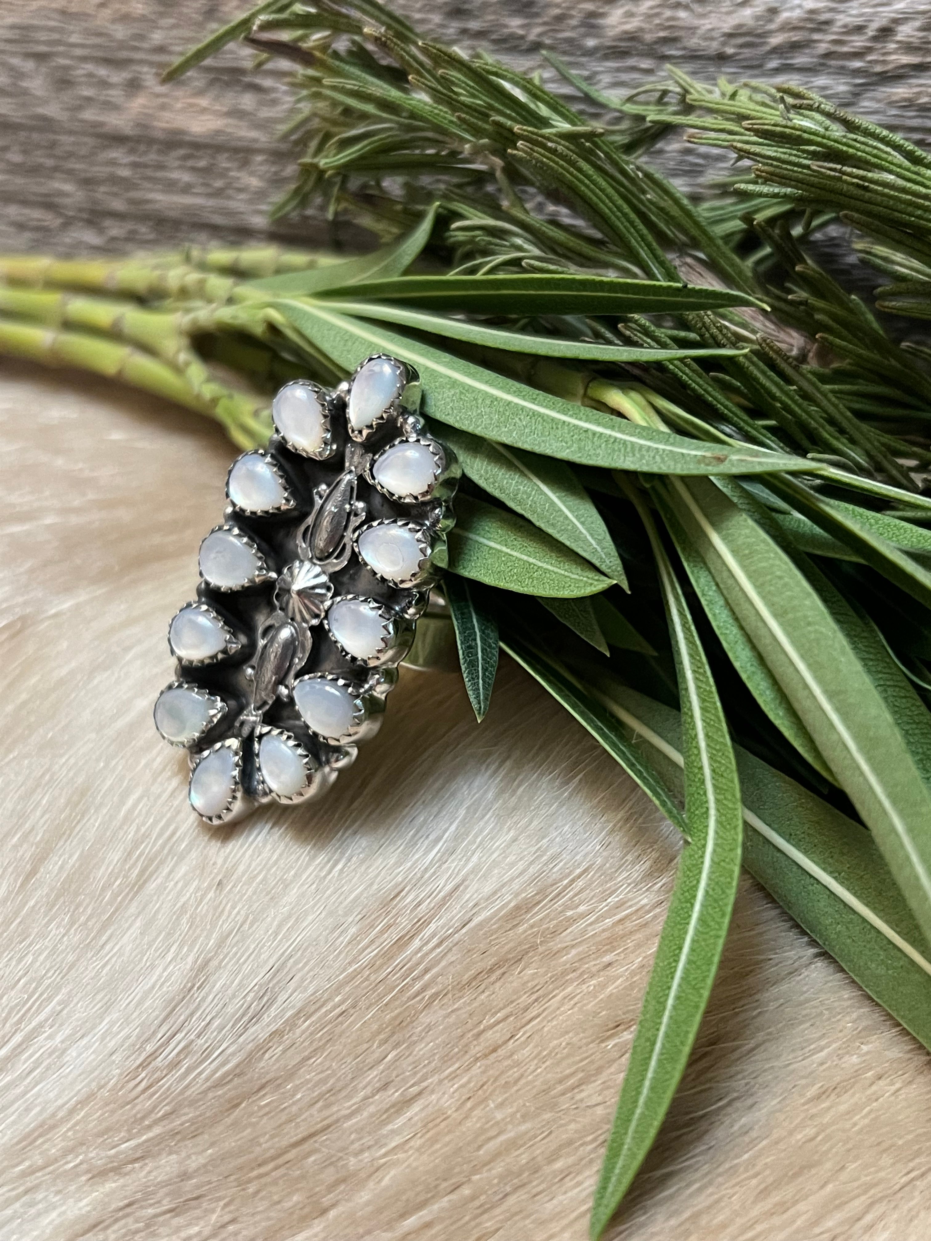 Handmade Mother Of Pearl Sterling Silver Concho Adjustable Statement Ring