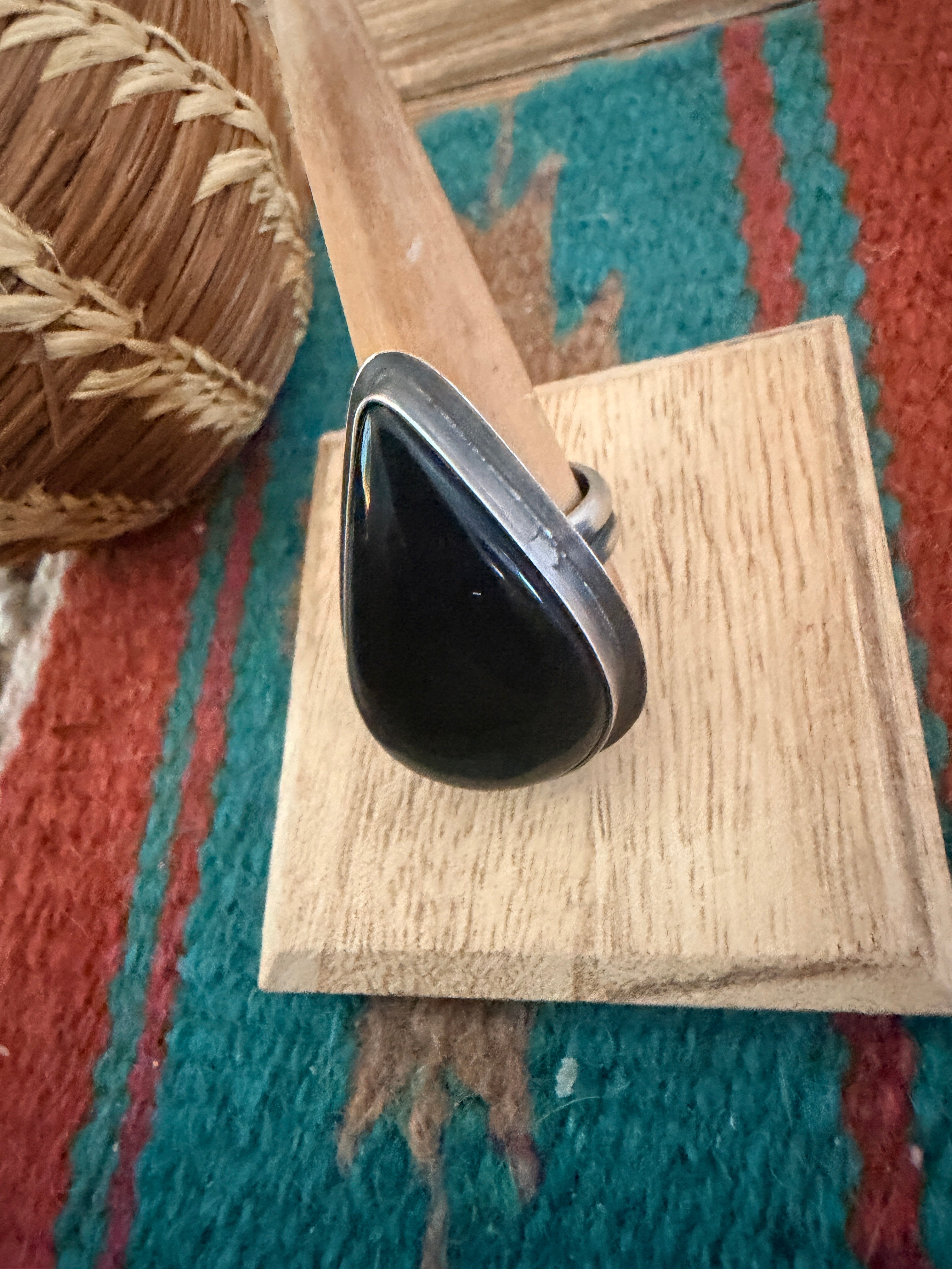 Handcrafted Black Onyx & Sterling Silver Ring Size 8.75