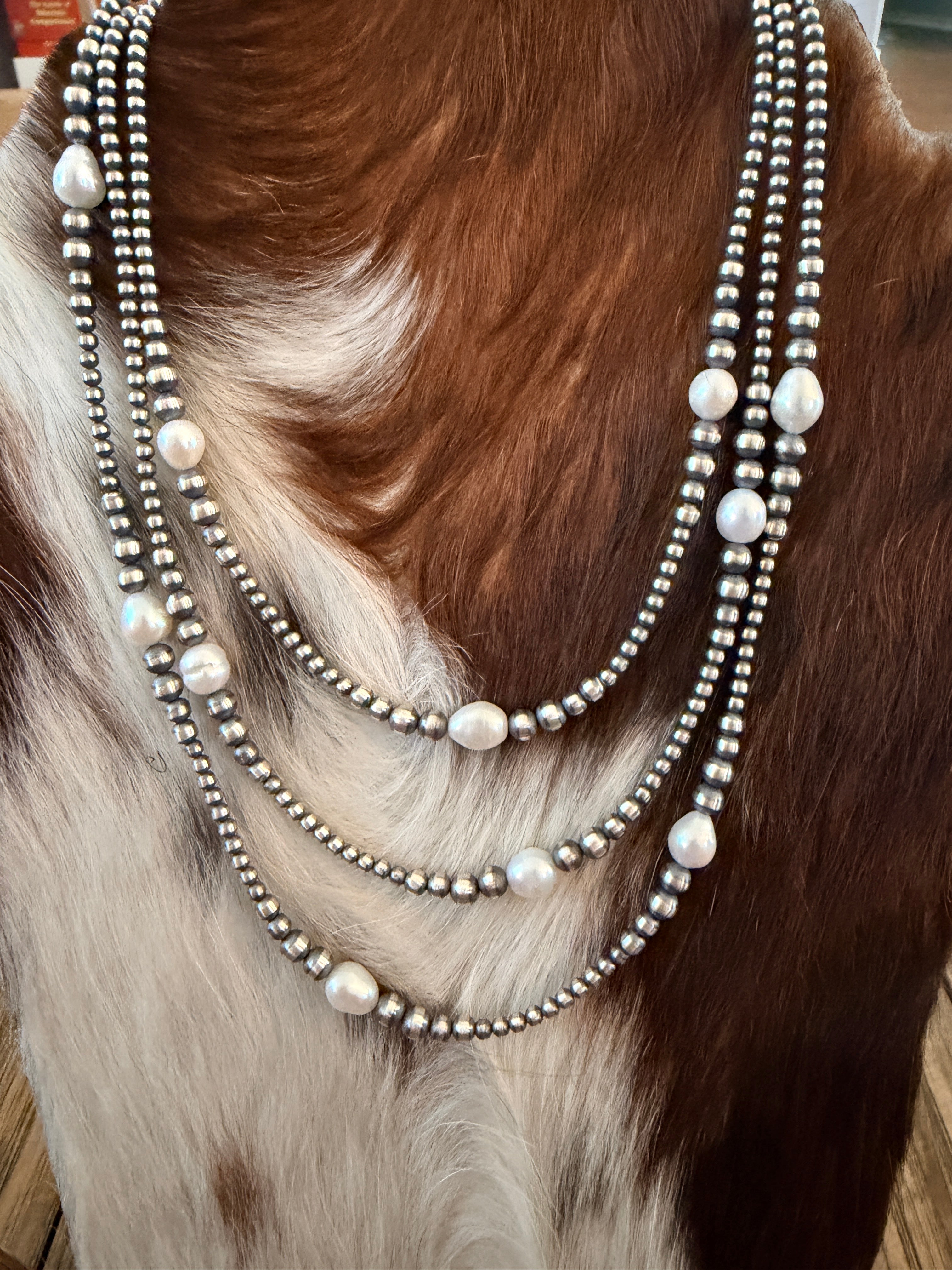 Handcrafted Mother of Pearl and Sterling Silver Pearl Beaded Necklace