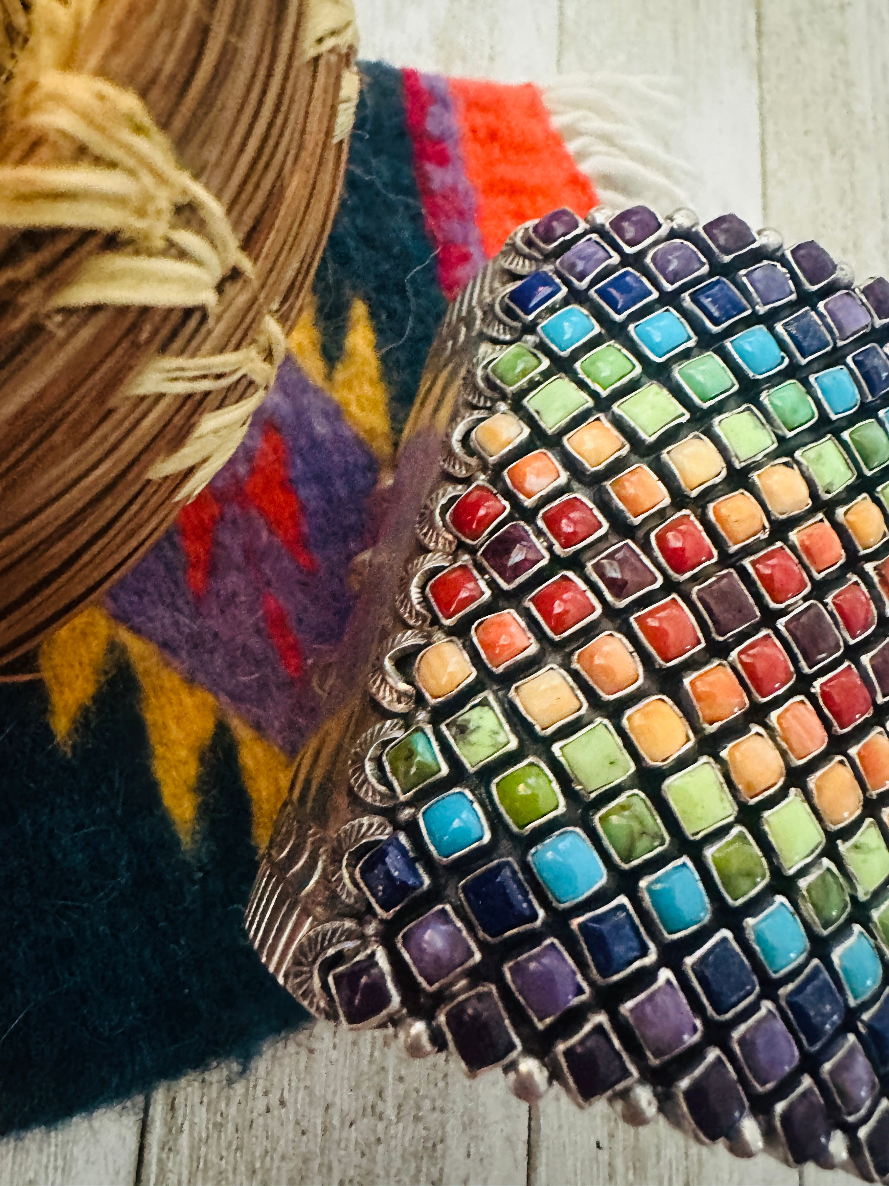 Handcrafted Rainbow Multi Stone & Sterling Silver Cuff Bracelet by Alice Lister